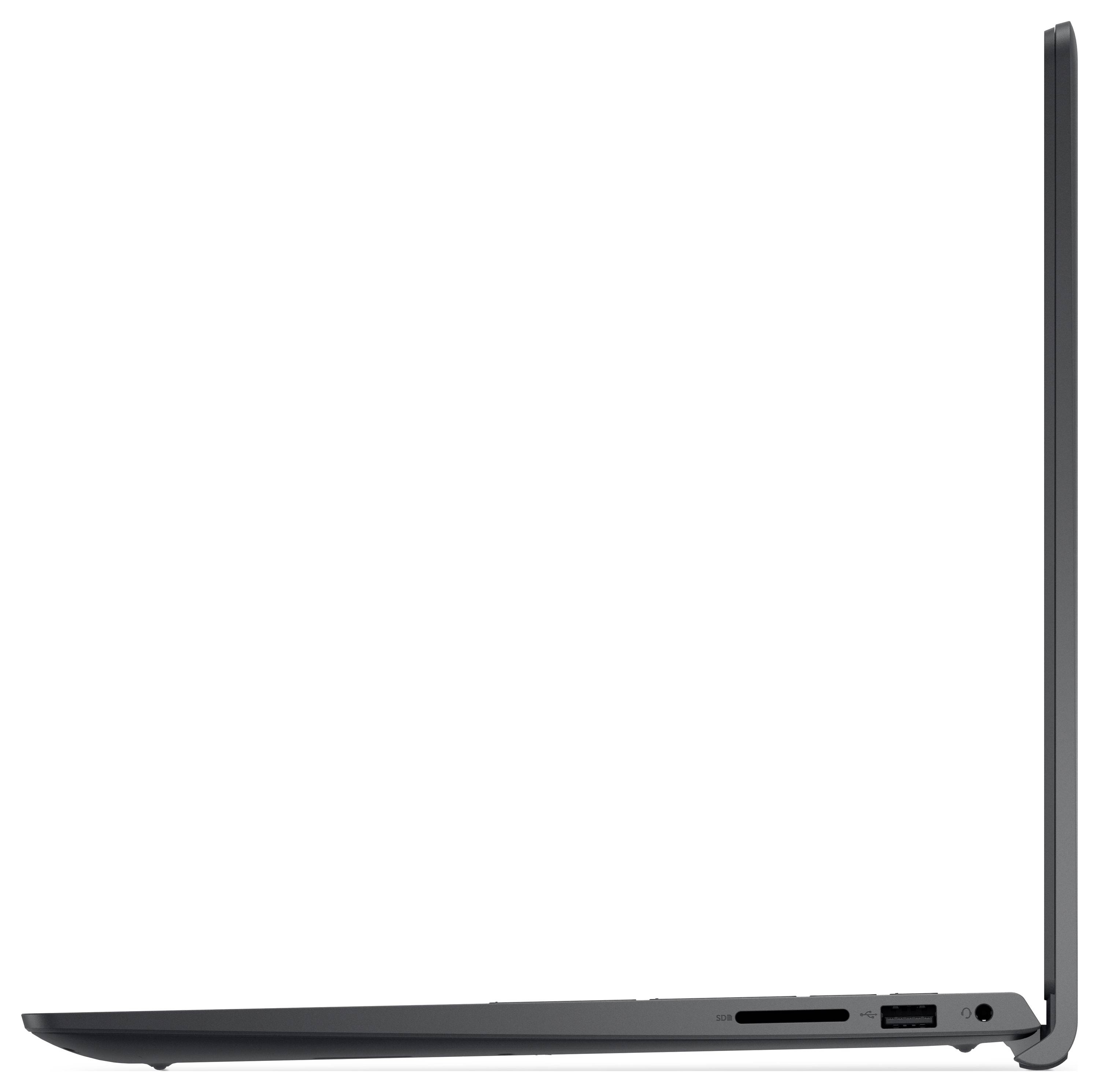 Seitenansicht eines geöffneten Laptops, der ein dünnes Profil zeigt, mit sichtbaren Anschlüssen auf der rechten Seite.