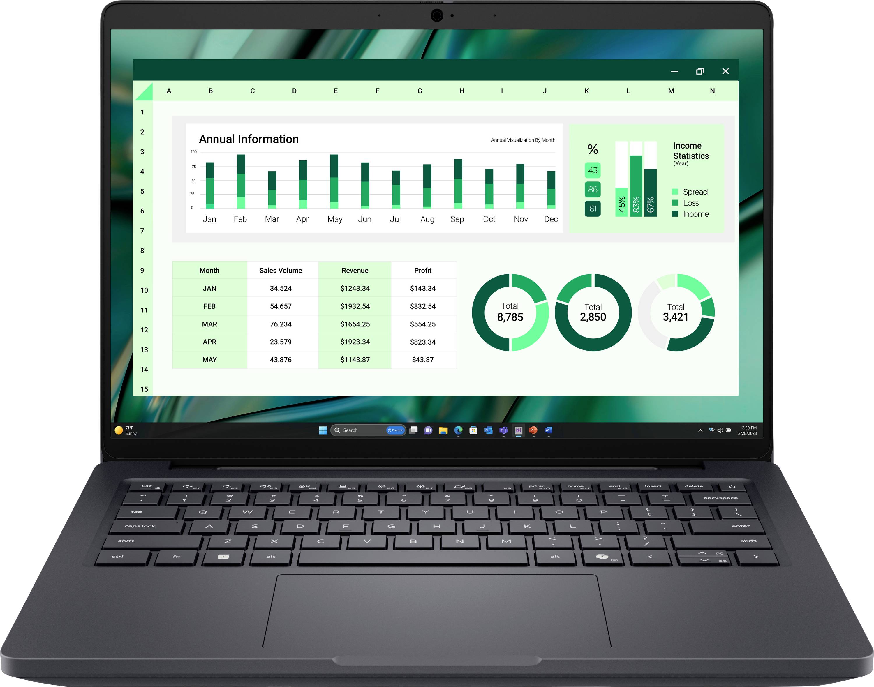 Ein Laptop-Bildschirm zeigt eine Tabellenkalkulation mit einem Balkendiagramm von monatlichen Verkaufsdaten, wobei die Monate Januar bis März hervorgehoben sind, sowie kreisförmige Einkommensgrafiken.