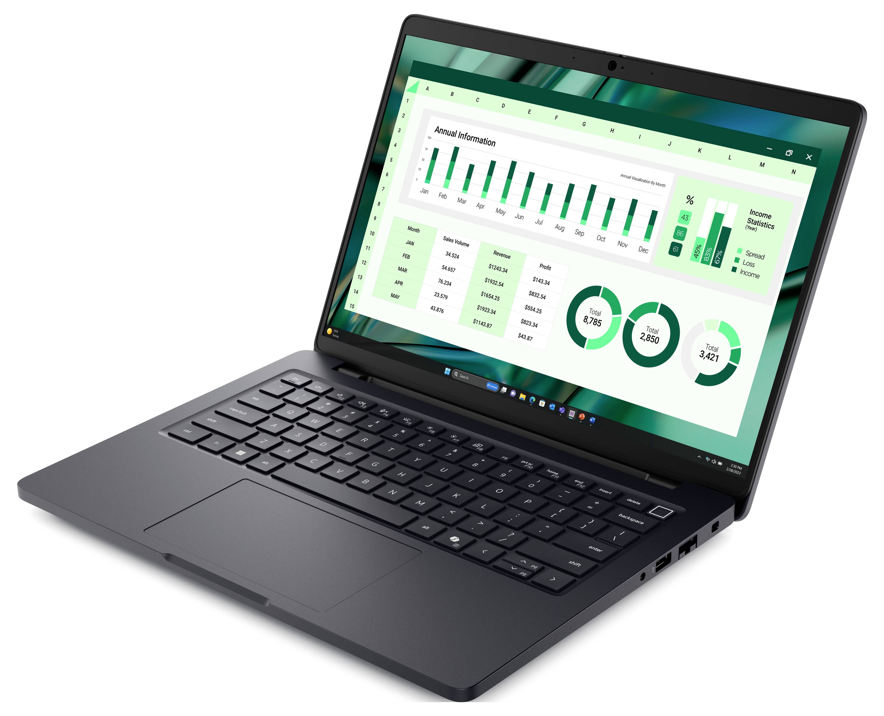 Ein schwarzer Laptop, der eine Kalkulationstabelle mit einem Balkendiagramm und Kreisdiagrammen mit dem Titel "Jahresinformationen" anzeigt und Datentrends und Prozentsätze präsentiert.