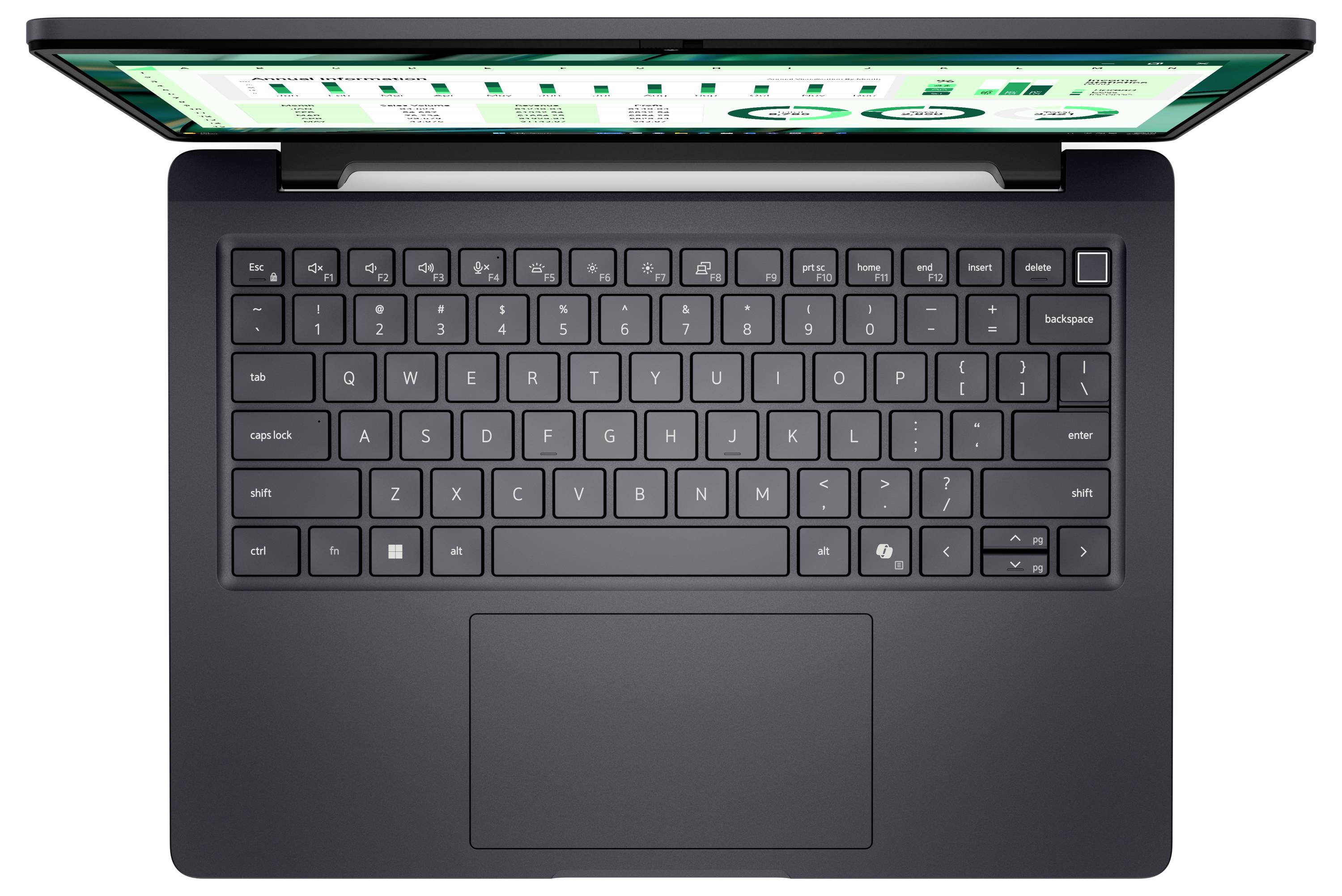 Eine Draufsicht eines geöffneten Laptops mit einer schwarzen Tastatur und einem Display, das ein Finanzdashboard mit Grafiken und Diagrammen zeigt.