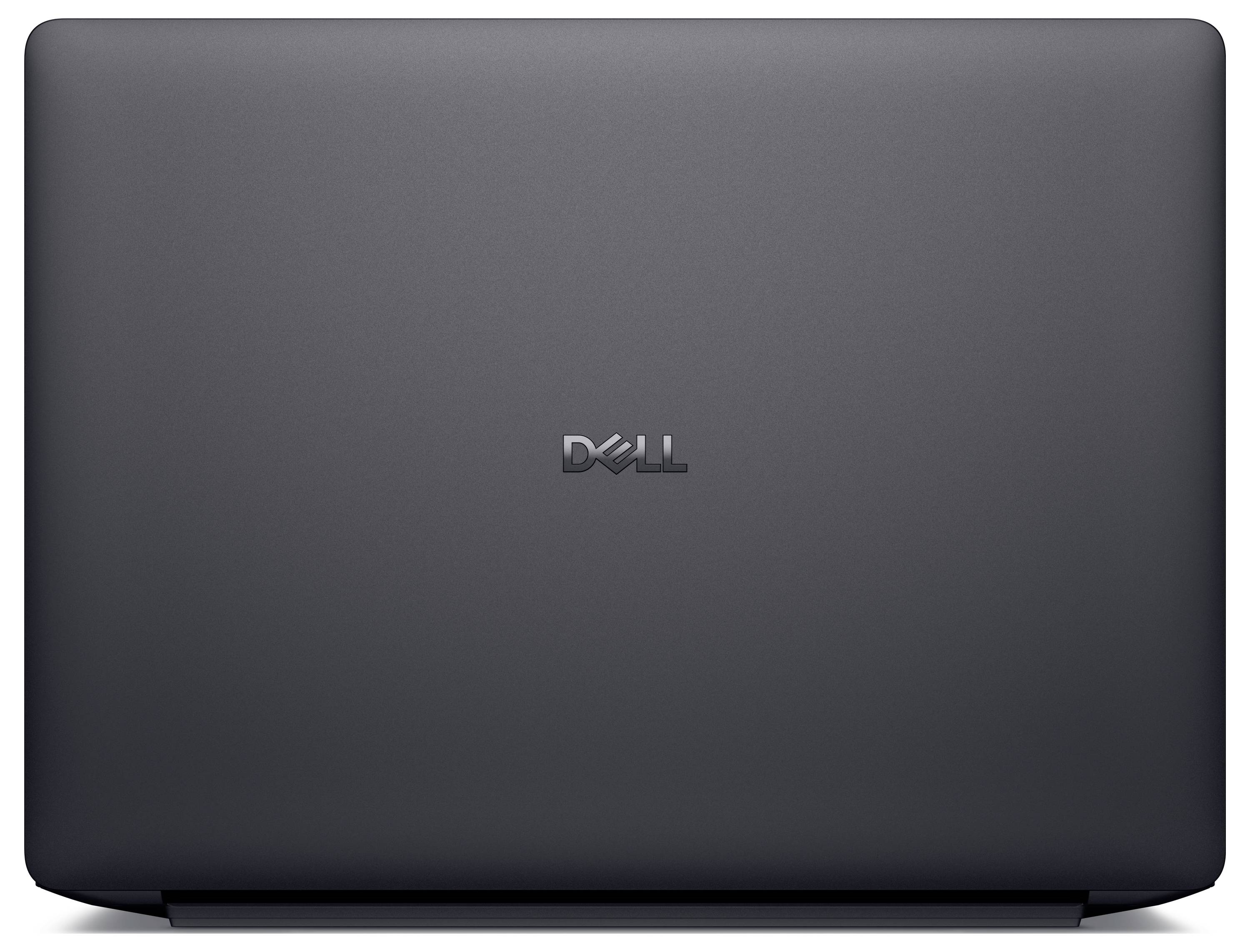 Ein geschlossener Dell-Laptop, von hinten betrachtet, mit dem Dell-Logo in der Mitte auf einer eleganten, schwarzen Mattoberfläche.