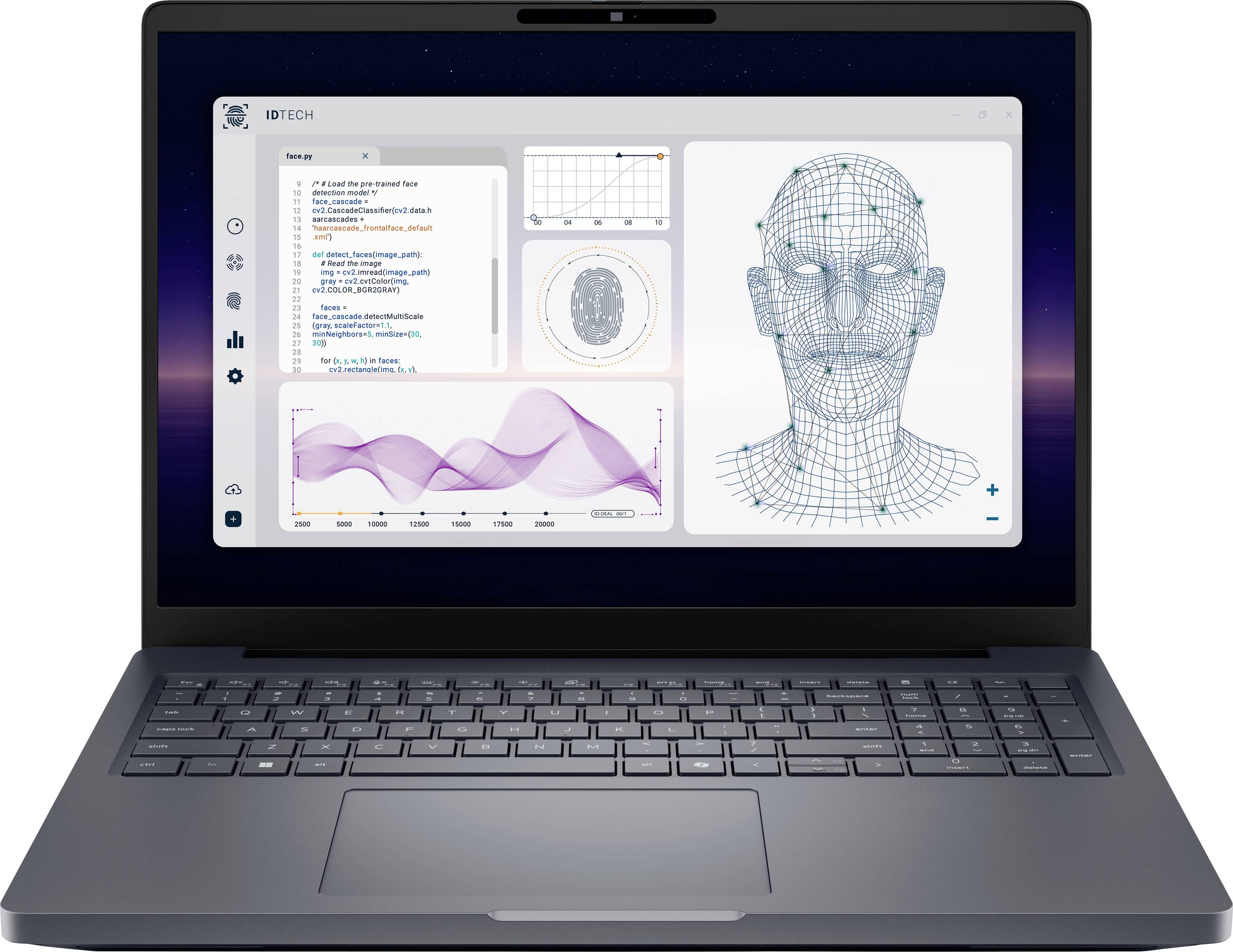Ein Laptop, der verschiedene Datenanalysen zeigt, einschließlich eines 3D-Drahtgittermodells eines Kopfes, Grafiken und Diagrammen. Die Benutzeroberfläche deutet auf KI- oder Technologieanalyse hin.