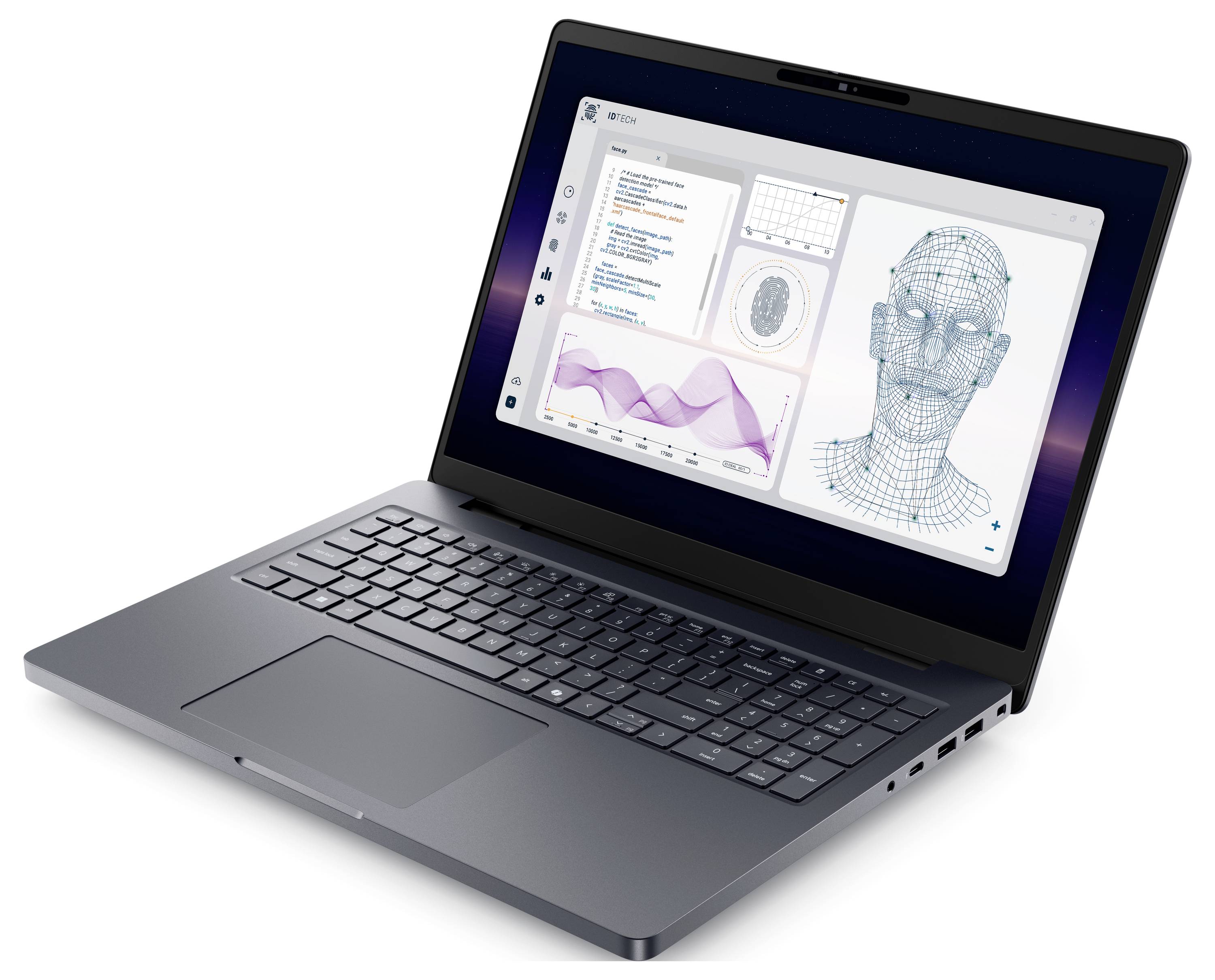 Ein schwarzer Laptop, der eine Benutzeroberfläche mit Diagrammen, einem 3D-Gitterhead-Modell und Datenvisualisierungen auf dem Bildschirm anzeigt.