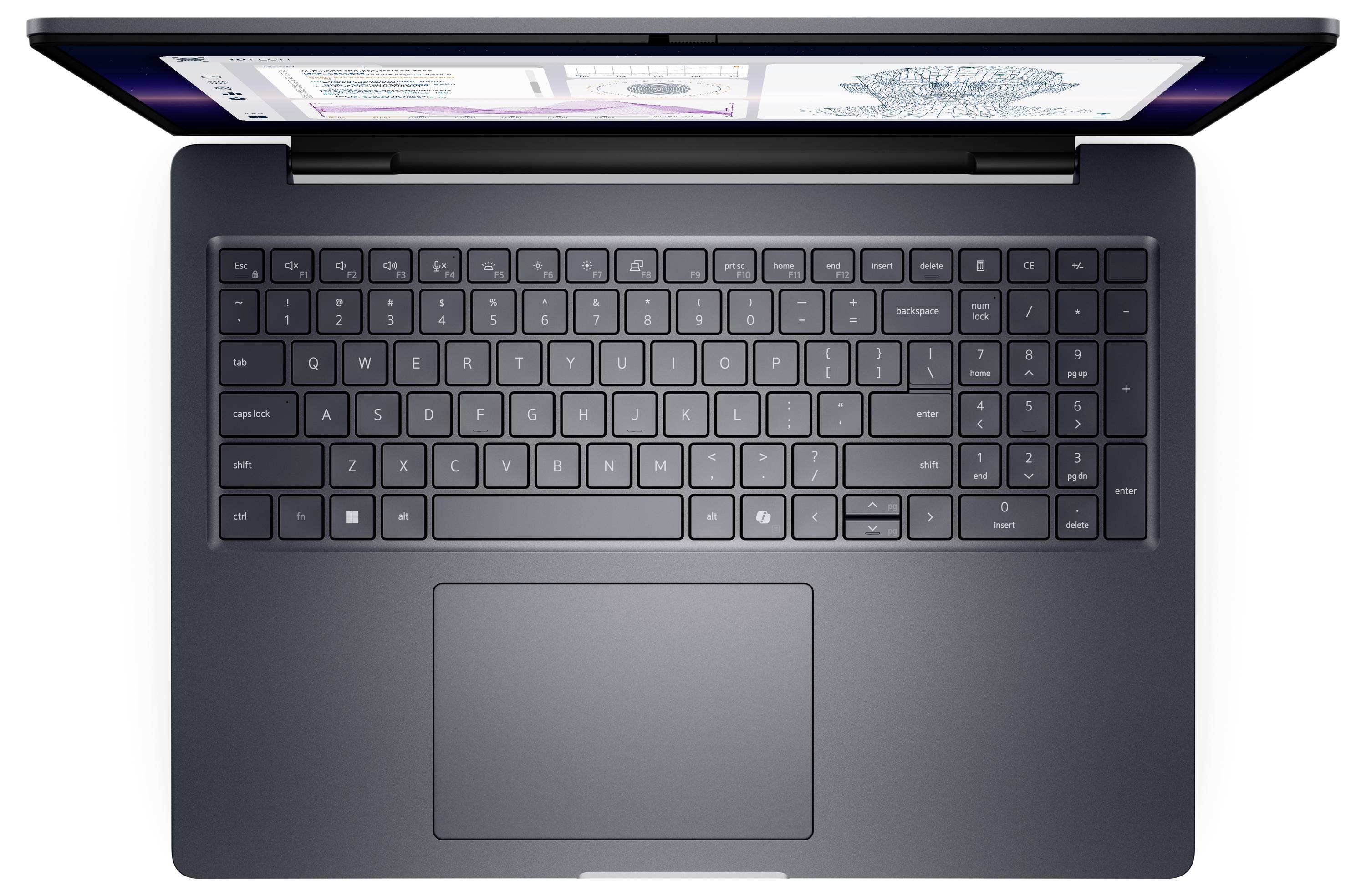Ein offener Laptop aus der Draufsicht, der auf dem Bildschirm eine Mehrfachdokument-Benutzeroberfläche zeigt, mit einer vollständigen Tastatur und einem großen Trackpad.
