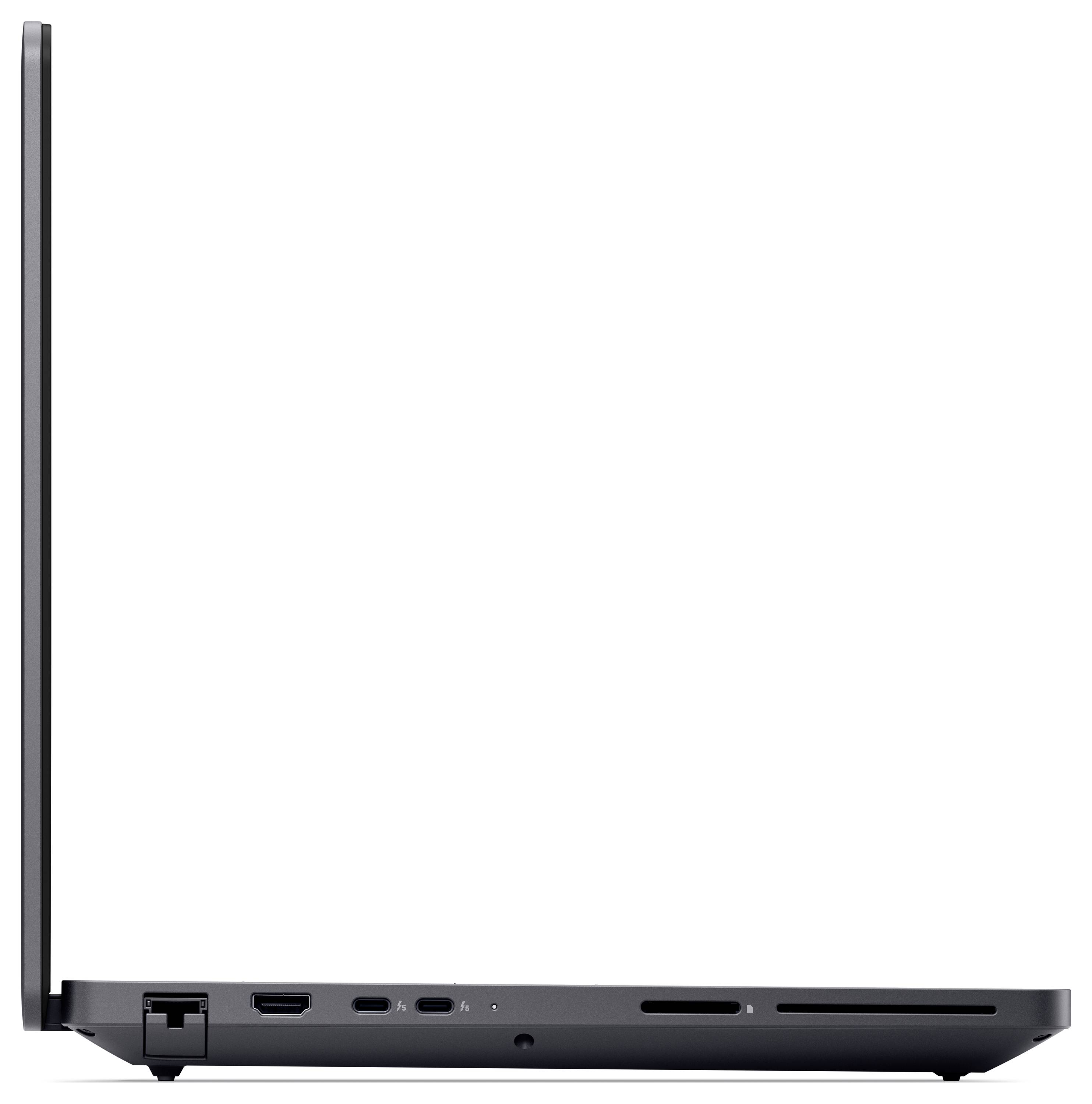 Ein schlankes, modernes Laptop in Seitenansicht, das sein dünnes Design und verschiedene Anschlüsse präsentiert, vor einem schlichten weißen Hintergrund.
