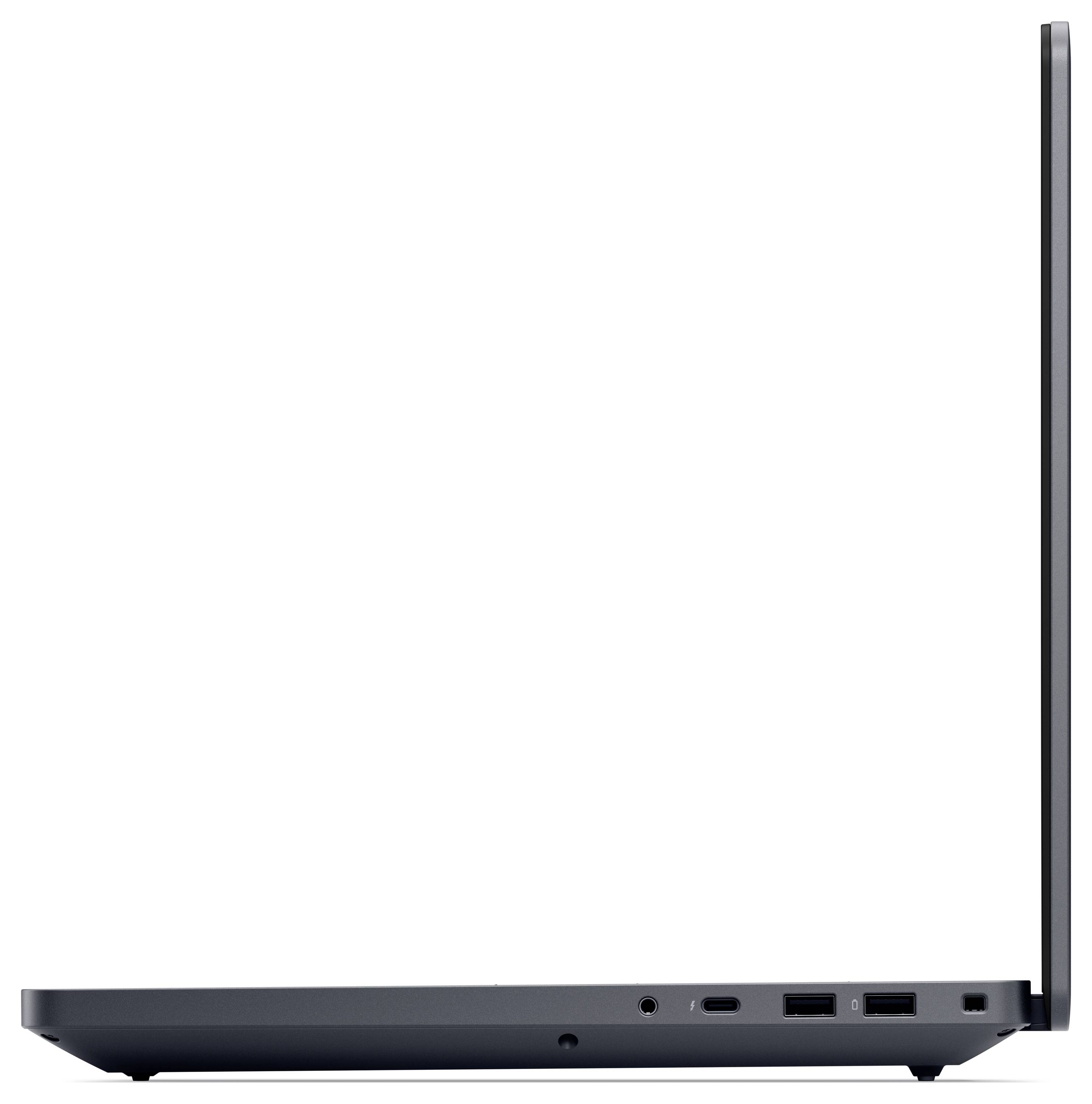 Seitenansicht eines schlanken, geöffneten Laptops mit verschiedenen Anschlüssen wie USB und HDMI am Rand.