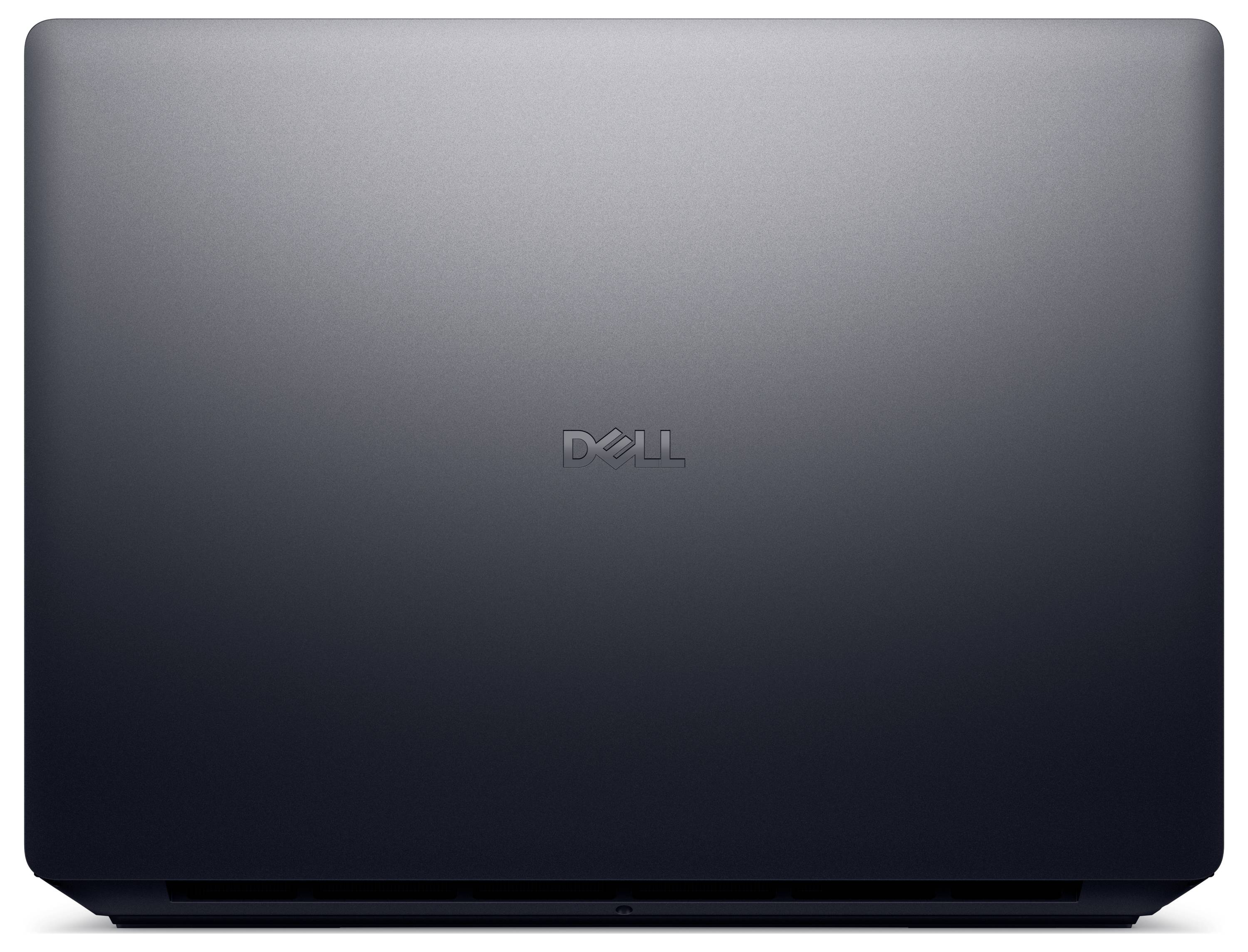Geschlossener Laptop mit einer metallischen, dunklen Oberfläche, Frontansicht mit dem "Dell"-Logo in der Mitte.