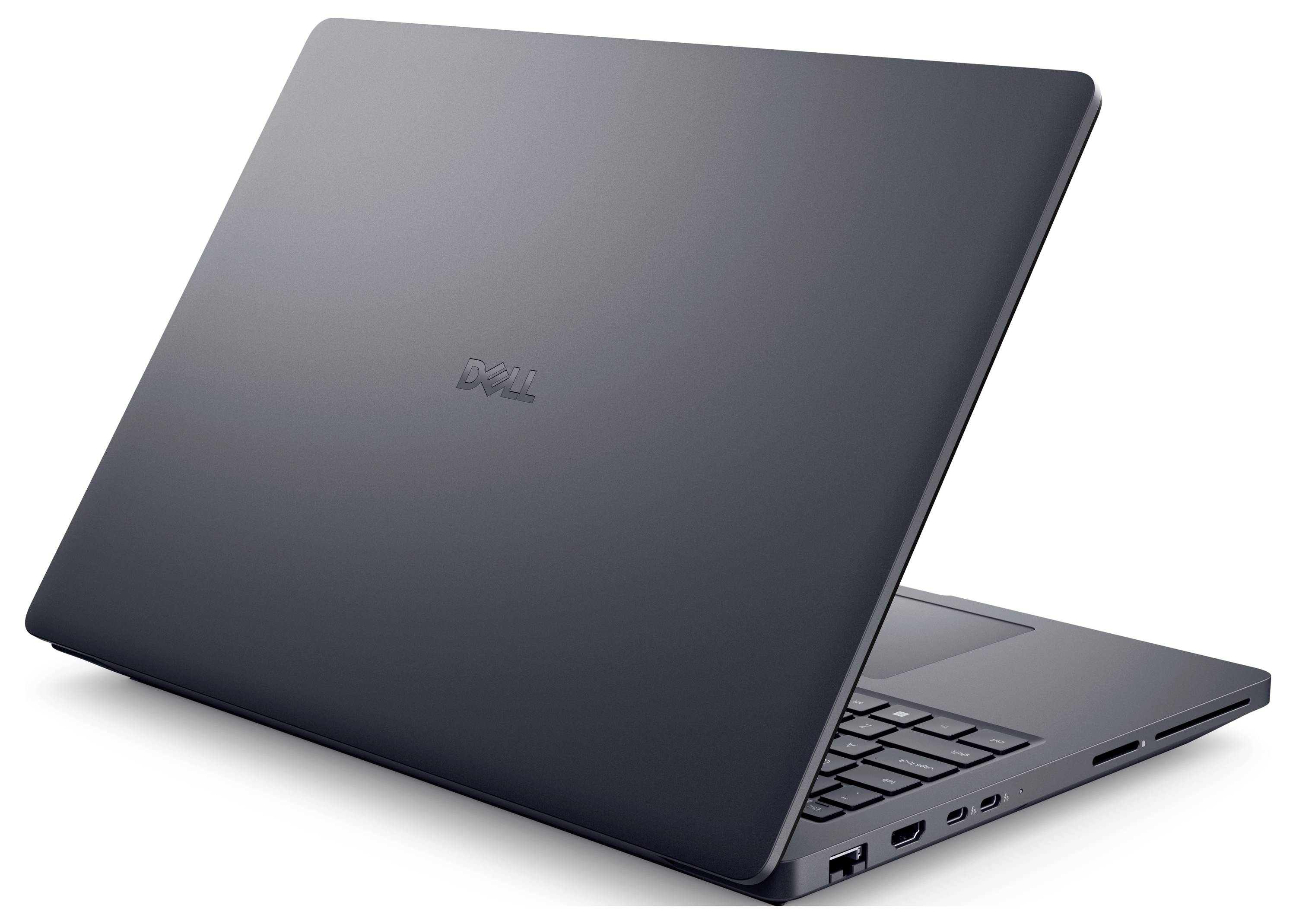 Ein schlankes, schwarzes Dell-Laptop, teilweise geöffnet, mit Seitenports und Tastatur zu sehen.