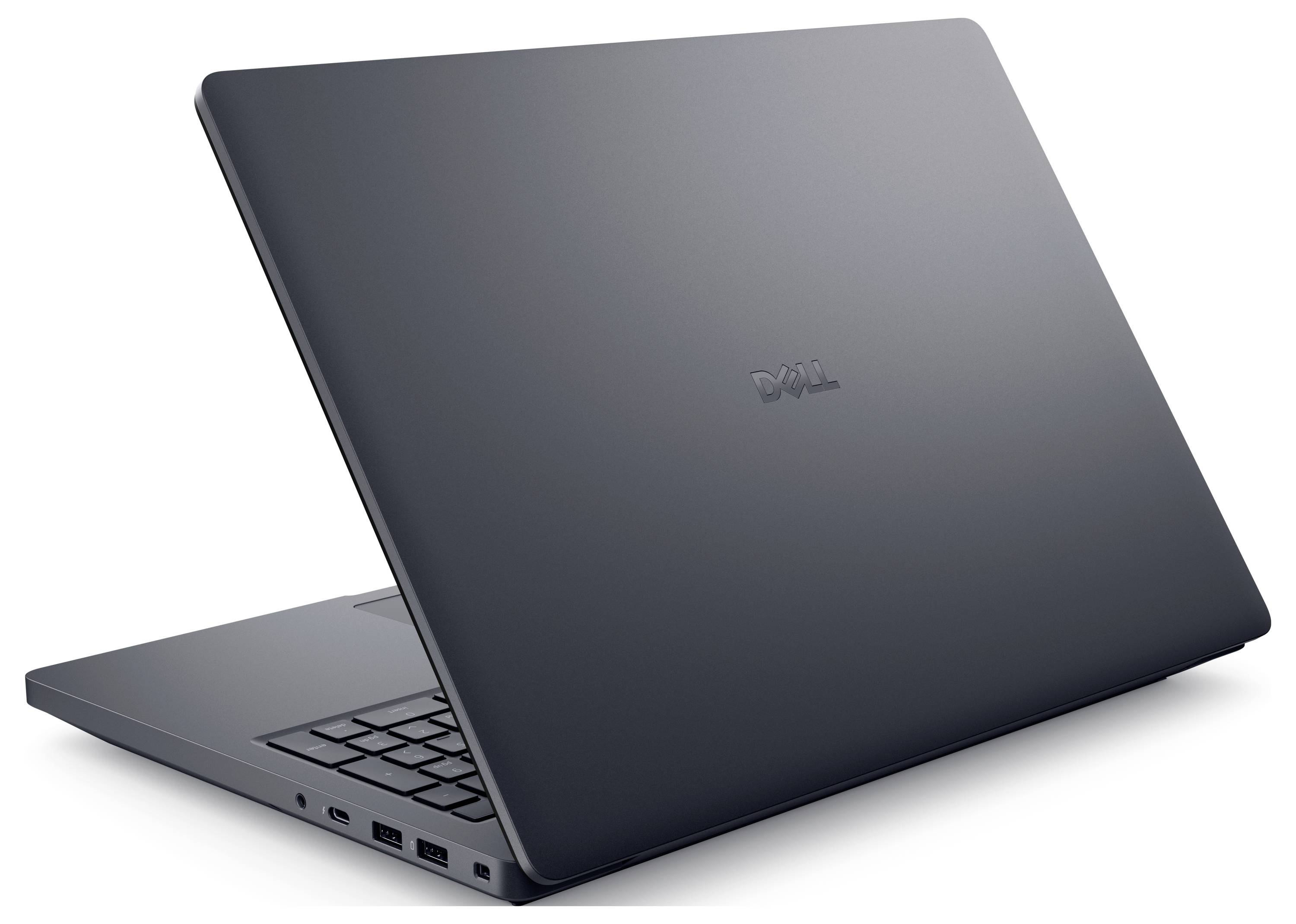 Ein schlanker, dunkelgrauer Laptop, halb geöffnet, von der Seite und leicht von hinten betrachtet, der sein schlankes Profil und sein minimalistisches Design zeigt.