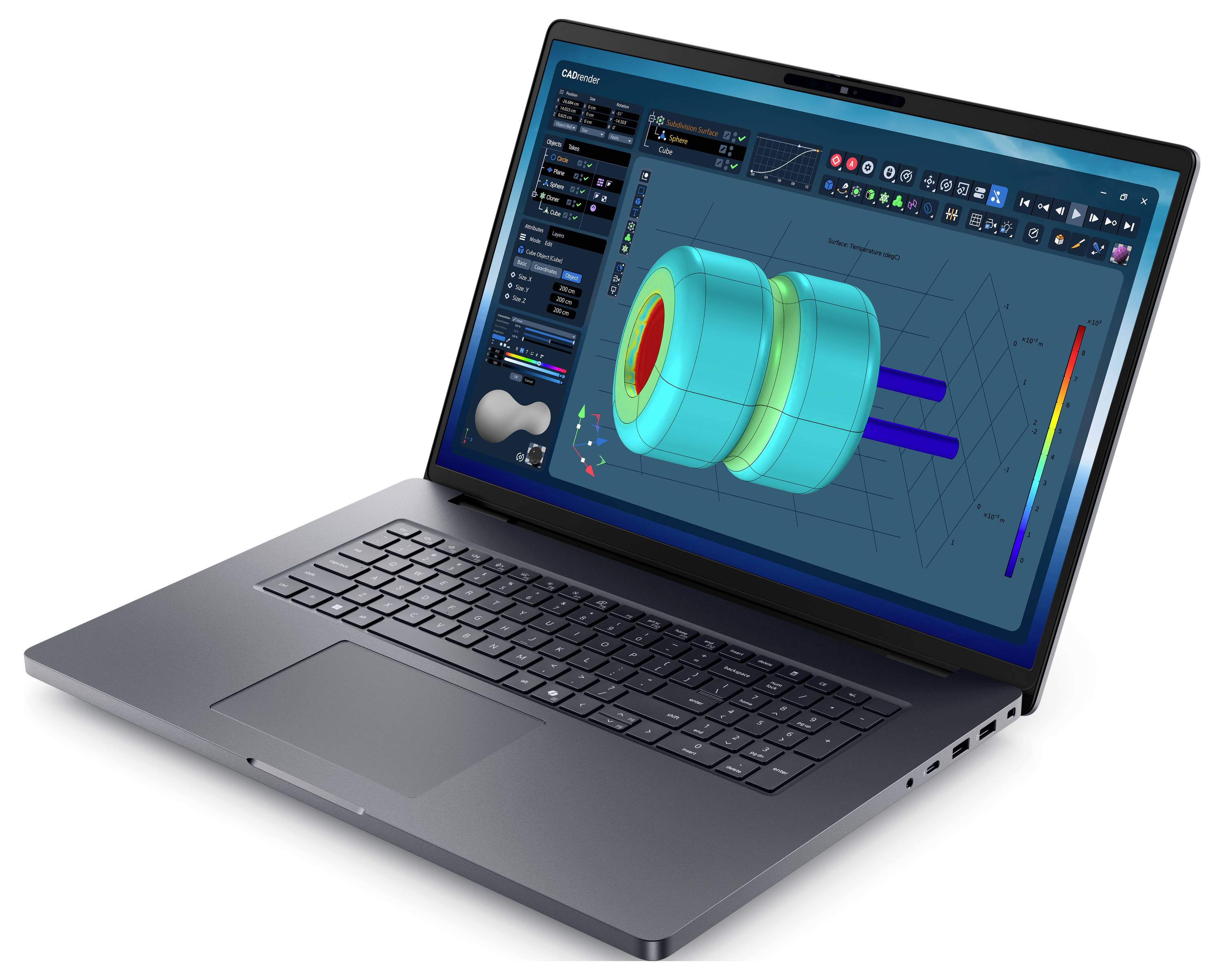 Ein Laptop, der eine 3D-Modellierungssoftware mit einer blauen Benutzeroberfläche anzeigt und dabei ein zylindrisches türkisfarbenes Objekt präsentiert, möglicherweise ein mechanisches Bauteil.