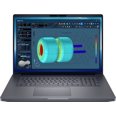 Ein Laptop zeigt ein 3D-CAD-Modell von mechanischen Bauteilen. Der Bildschirm präsentiert Rendering-Werkzeuge, Farbverläufe und Konstruktionsdetails.
