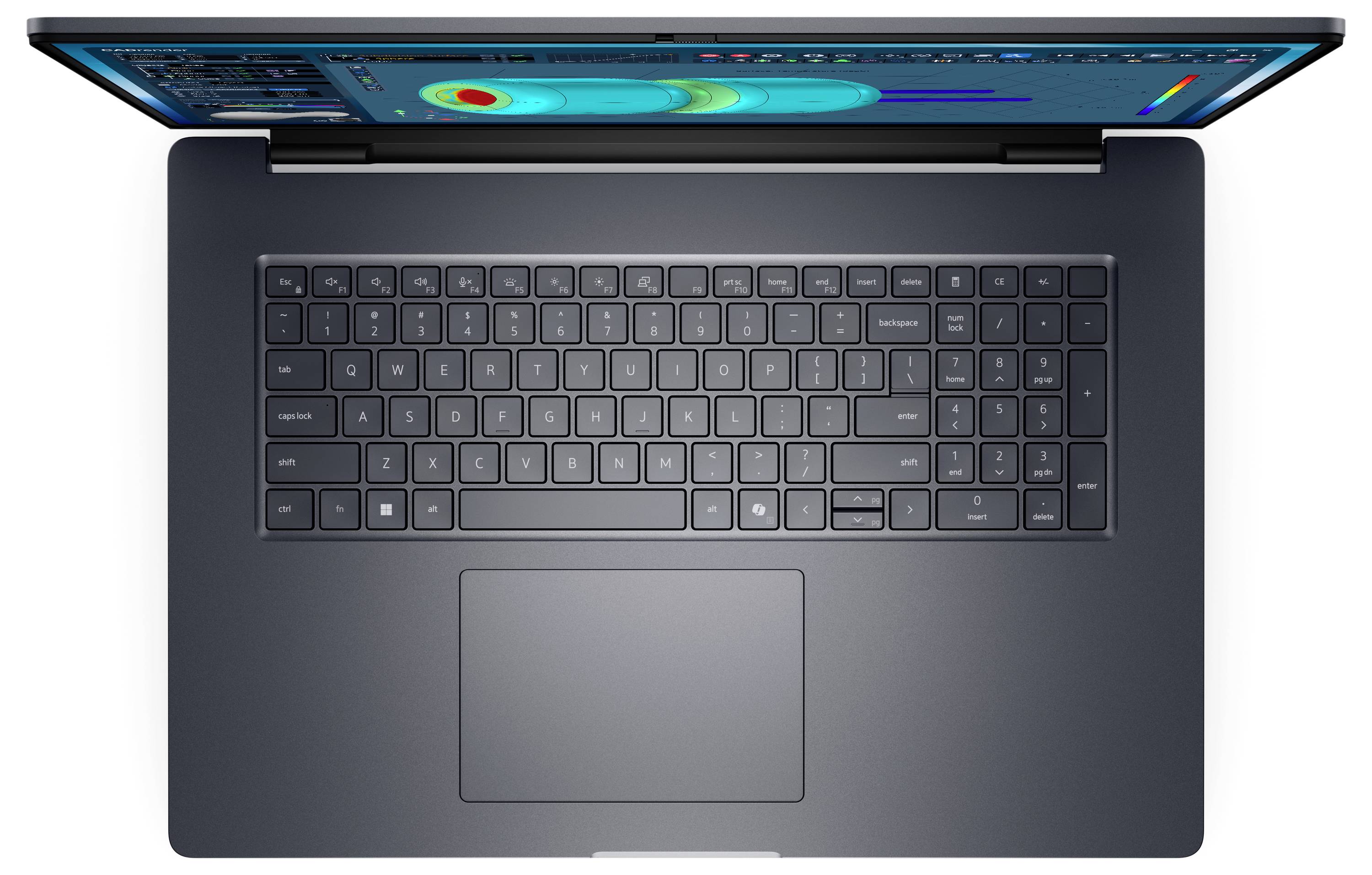 Eine Draufsicht eines Laptops mit einem breiten Touchpad und sichtbarer Tastatur. Der Bildschirm zeigt eine farbenfrohe Datenvisualisierung.