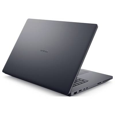 Ein schlanker, grauer Laptop mit sichtbarem Dell-Logo auf dem geschlossenen Deckel, von einer Rückseiten-Perspektive gezeigt. Verschiedene Anschlüsse sind an der Seite zu sehen.