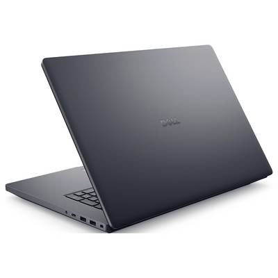 Ein schlankes, modernes Laptop, das halb geschlossen ist und von der hinteren linken Ecke aus betrachtet wird. Das Dell-Logo ist auf dem Deckel sichtbar.