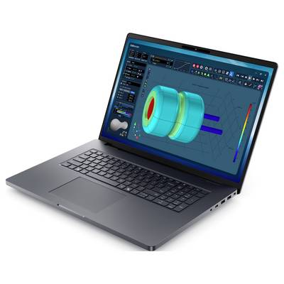 Ein Laptop, der eine 3D-Modellierungssoftware zeigt, mit einem hellblauen zylindrischen Objekt in der Mitte, umgeben von verschiedenen Designwerkzeugen.