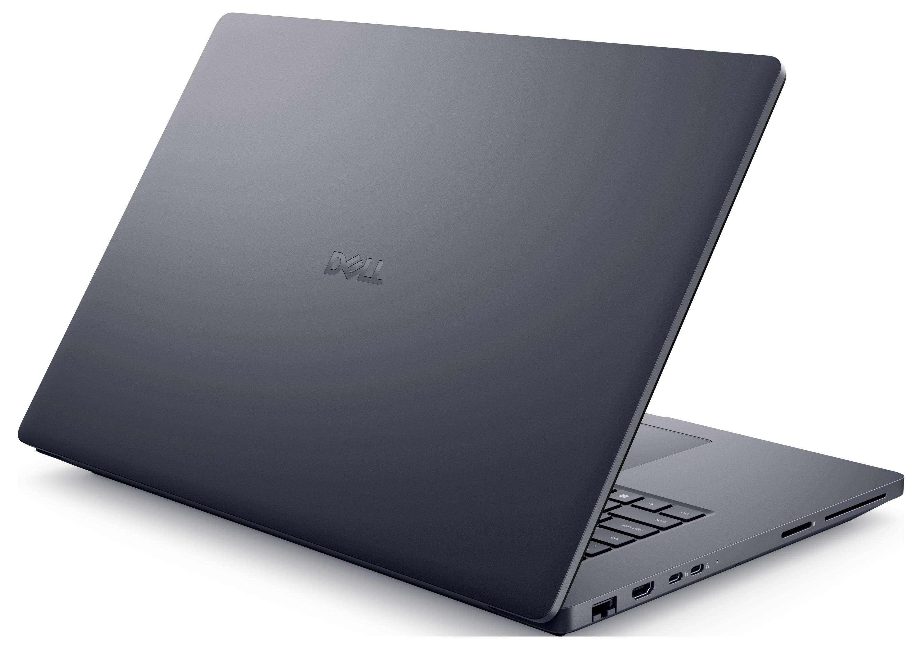 Offener Laptop mit elegantem, dunkelgrauem Design und sichtbaren Anschlüssen an der Seite. Das Dell-Logo ist auf der Rückseite des Bildschirms eingeprägt.