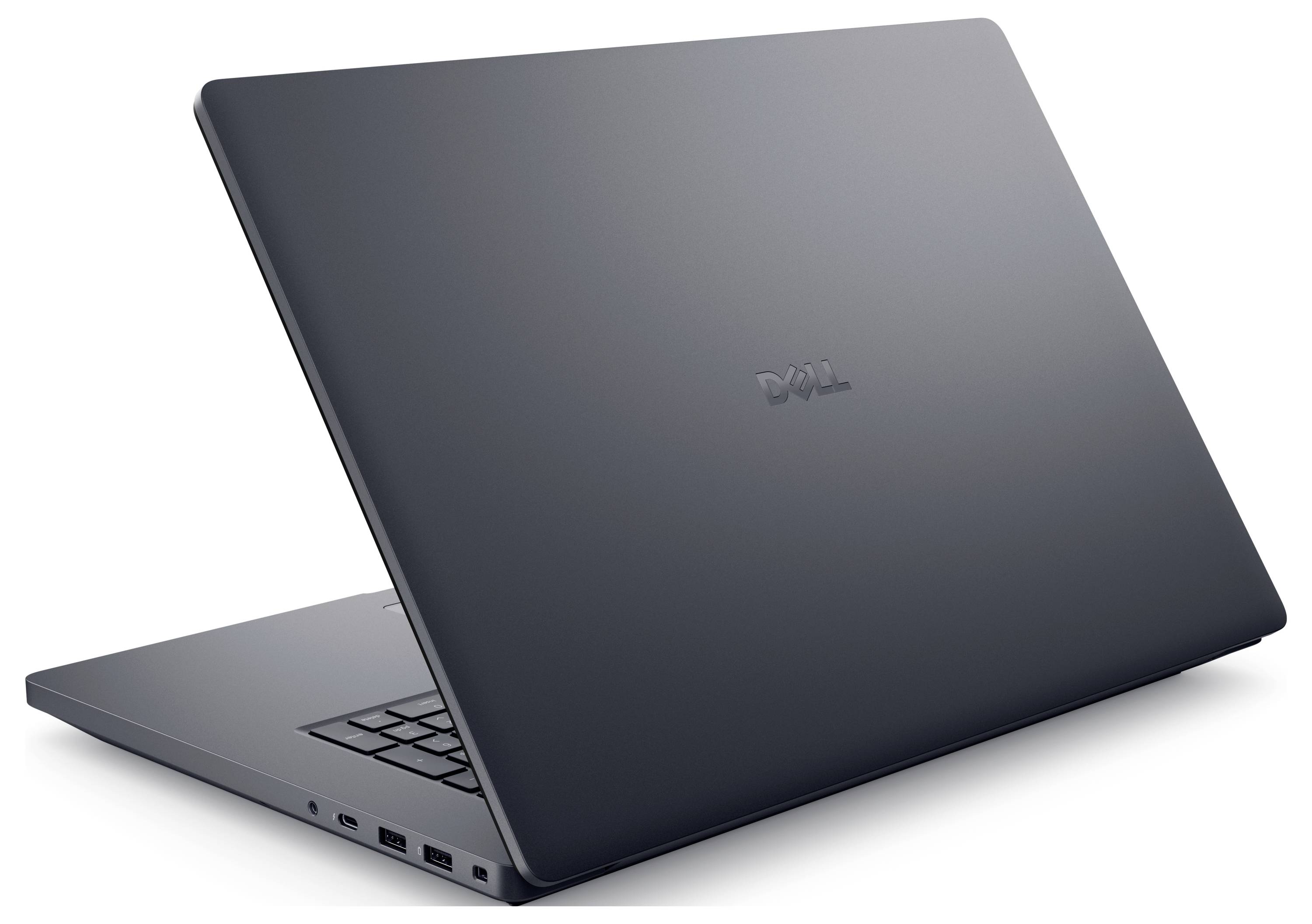 Ein schlanker, teilweise geöffneter grauer Laptop mit matter Oberfläche, auf dessen Rückseite das Dell-Logo zu sehen ist.