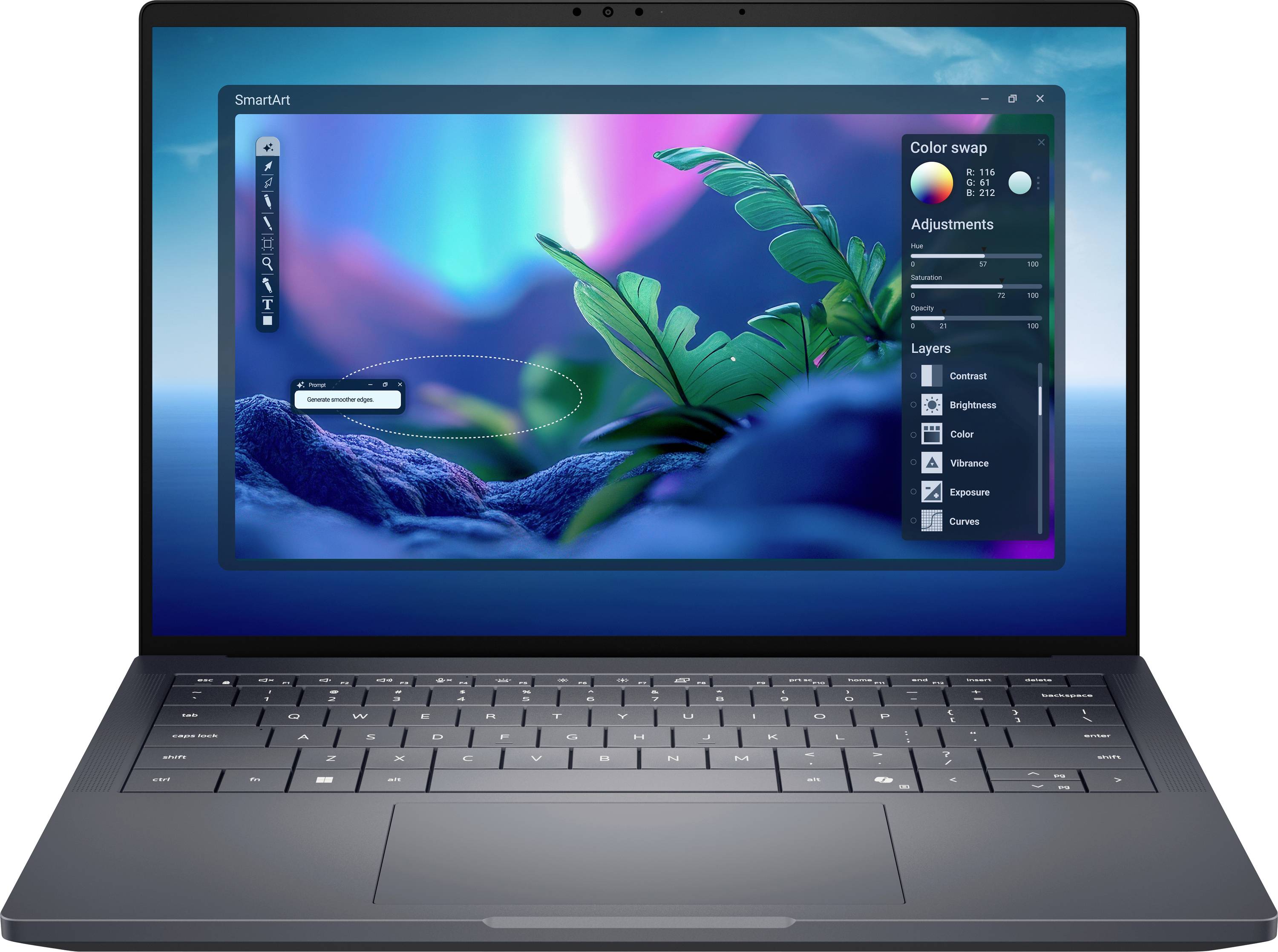Ein Laptop, der Grafikdesign-Software mit einem geöffneten Projekt zeigt, das leuchtende Farben und tropische Blattmotive enthält.
