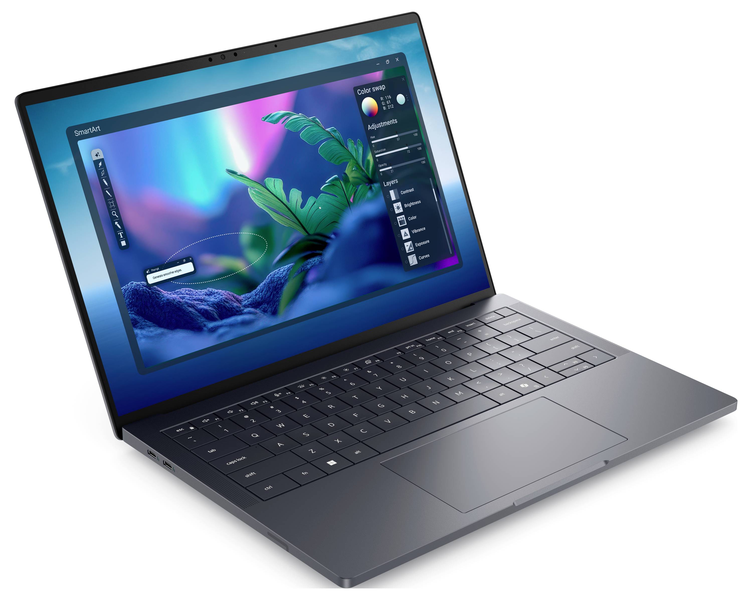 Ein schlanker, moderner Laptop mit einem hellen Bildschirm, auf dem eine farbenfrohe, naturinspirierte Grafik zu sehen ist, und einem geöffneten Einstellungsmenü auf der rechten Seite.