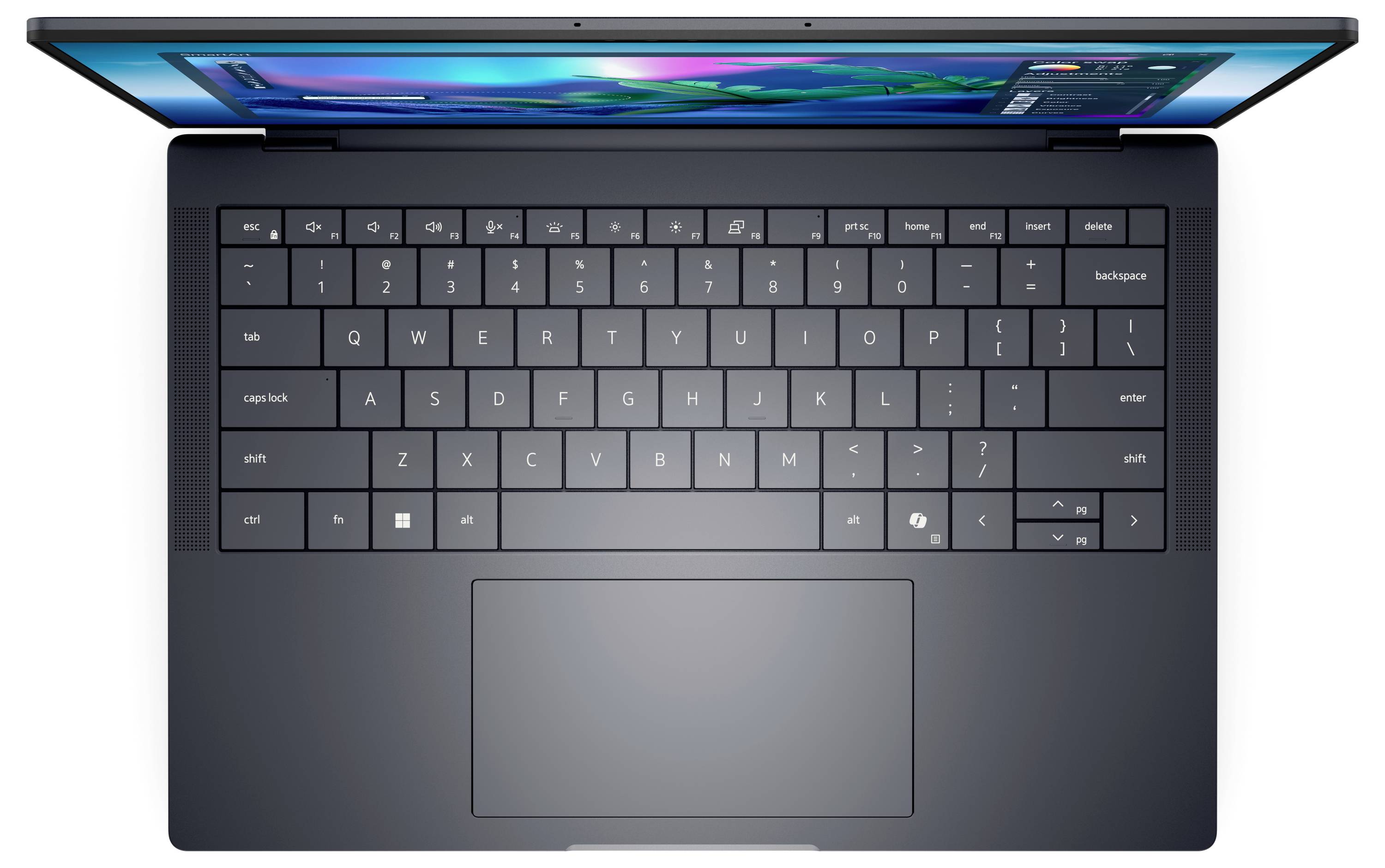 Ein schlanker, silberner Laptop mit einem leuchtenden Bildschirm, der leuchtend bunte Farben zeigt. Die Tastatur ist sichtbar und verfügt über das standardmäßige QWERTY-Layout.