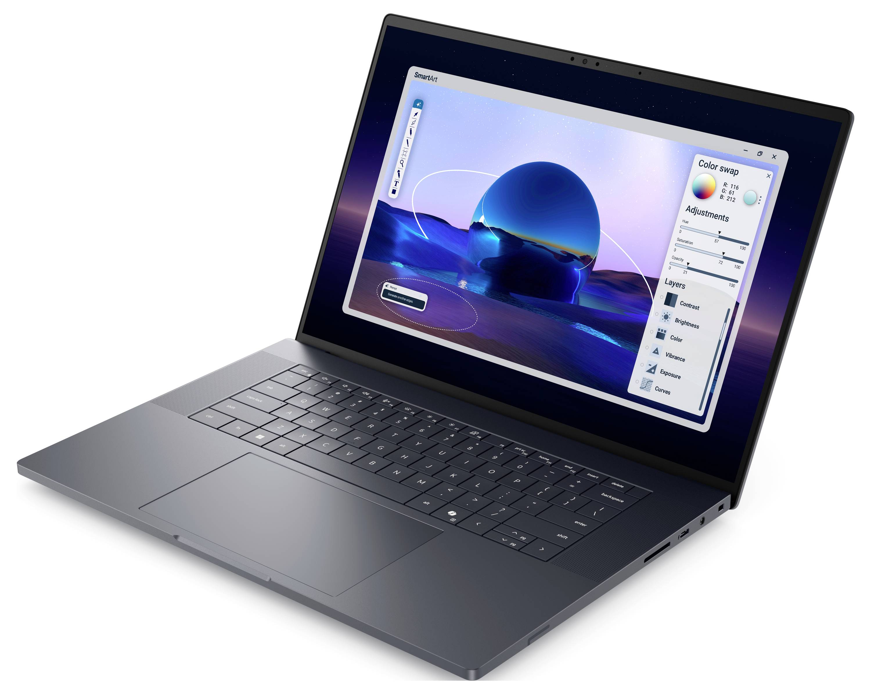 Ein Laptop, der ein Bildbearbeitungsprogramm mit einem farbenfrohen abstrakten Design anzeigt. Die Benutzeroberfläche zeigt Bearbeitungswerkzeuge und Einstellungsschieberegler.