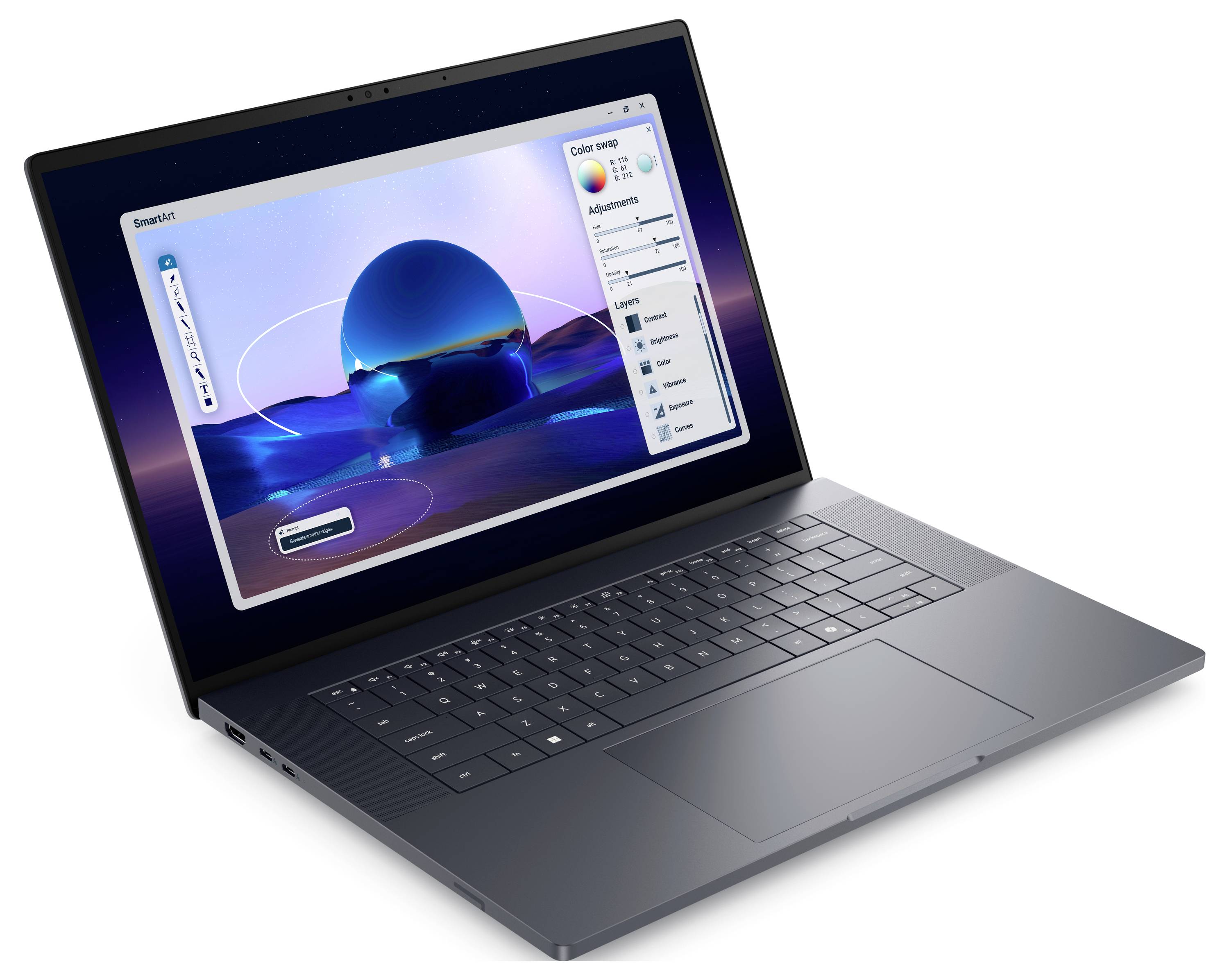 Ein schlankes Laptop mit einem geöffneten Grafikdesignprogramm, das eine farbenfrohe 3D-Landschaft auf dem Bildschirm präsentiert.