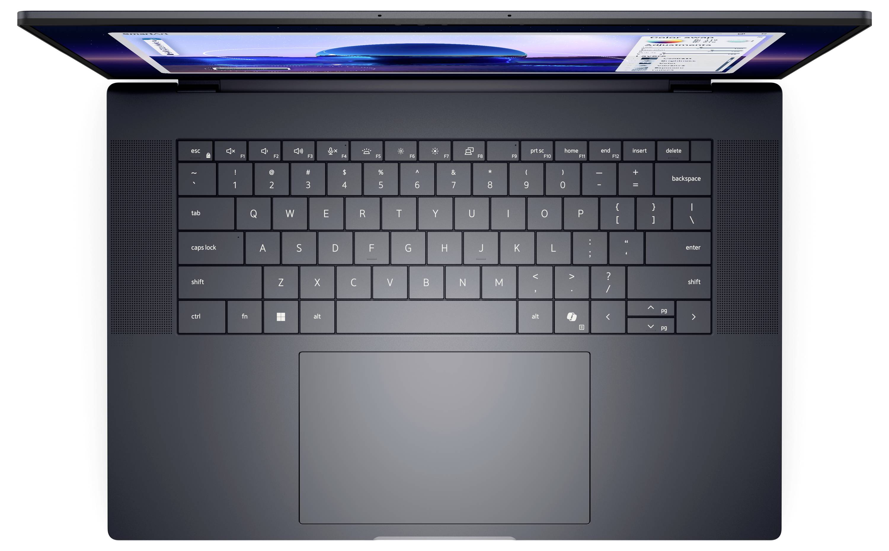 Ein Laptop, von oben betrachtet, mit einer Tastatur und einem Touchpad, wobei ein teilweise sichtbarer Bildschirm eine geöffnete App mit blauer Kopfzeile zeigt.