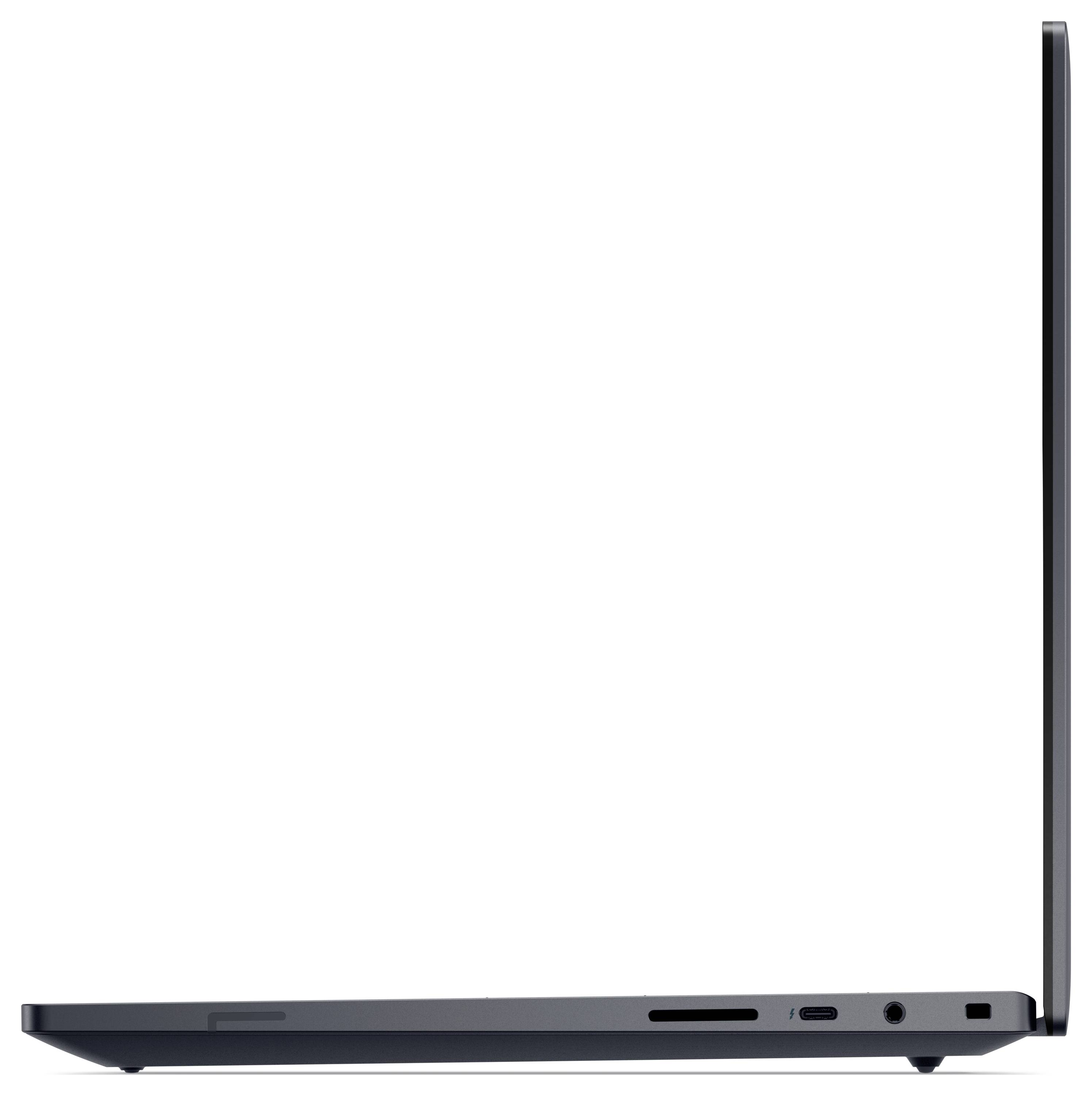 Ein schlanker, offener Laptop von der Seite, der sein dünnes Profil und sein minimalistisches Design zeigt.