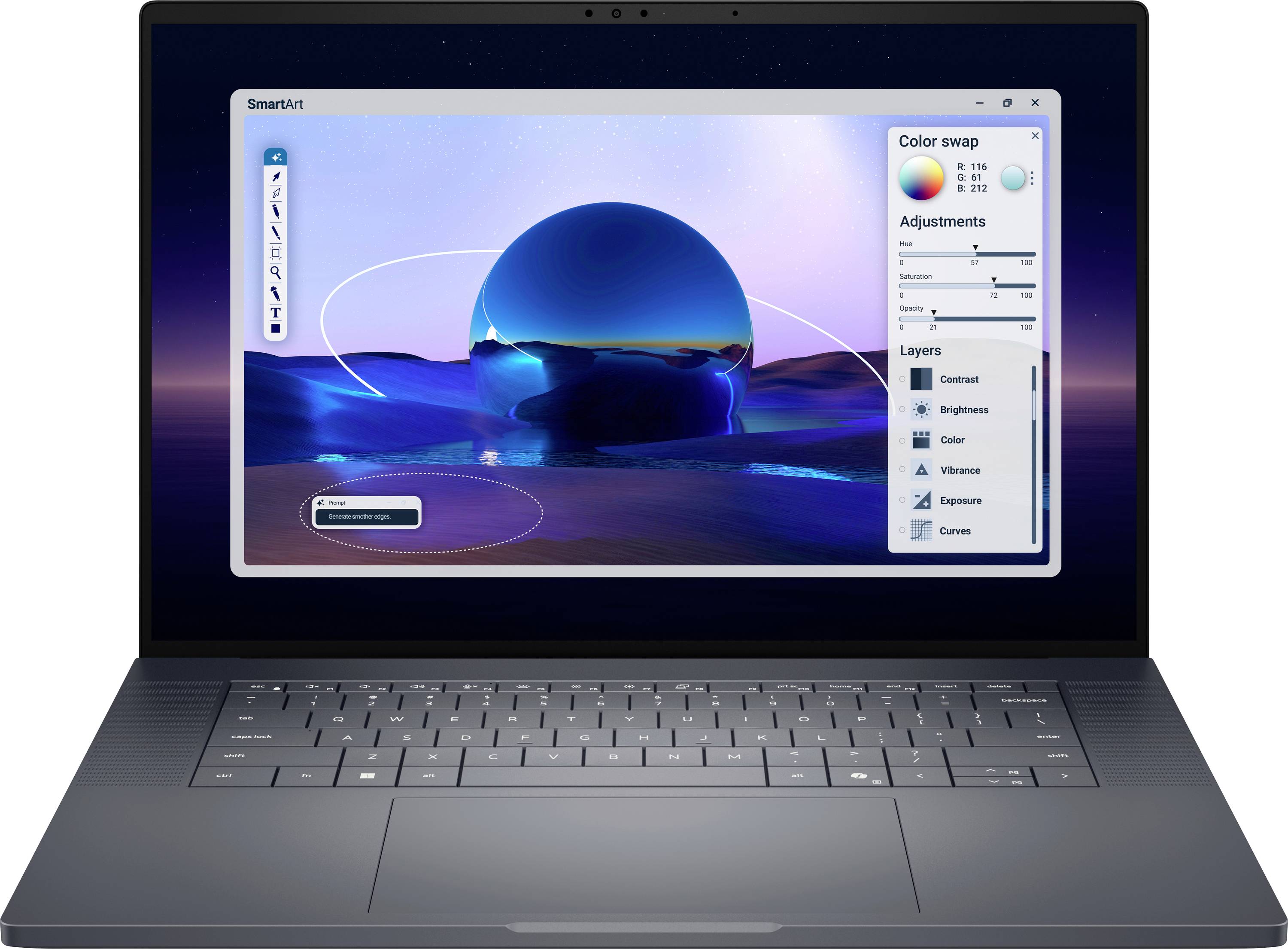 Ein Laptop-Bildschirm zeigt Foto-Bearbeitungssoftware mit einem Farbwechsel- und Anpassungspanel. Das Bild zeigt eine digitale Landschaftskunst.