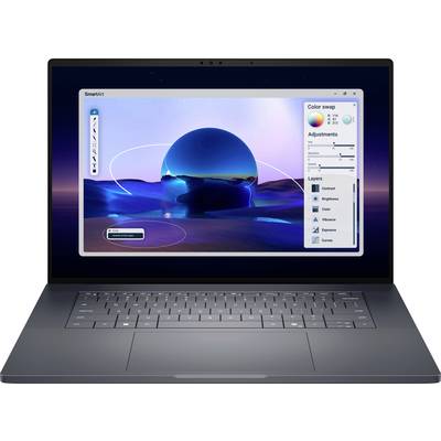 Ein Laptop-Bildschirm zeigt Foto-Bearbeitungssoftware mit einem Farbwechsel- und Anpassungspanel. Das Bild zeigt eine digitale Landschaftskunst.