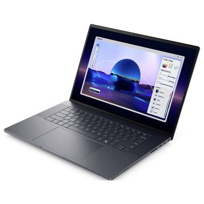 Ein schlanker, geöffneter Laptop, der Grafikbearbeitungssoftware mit Farb- und Anpassungswerkzeugen auf dem Bildschirm anzeigt und eine digitale Illustration präsentiert.