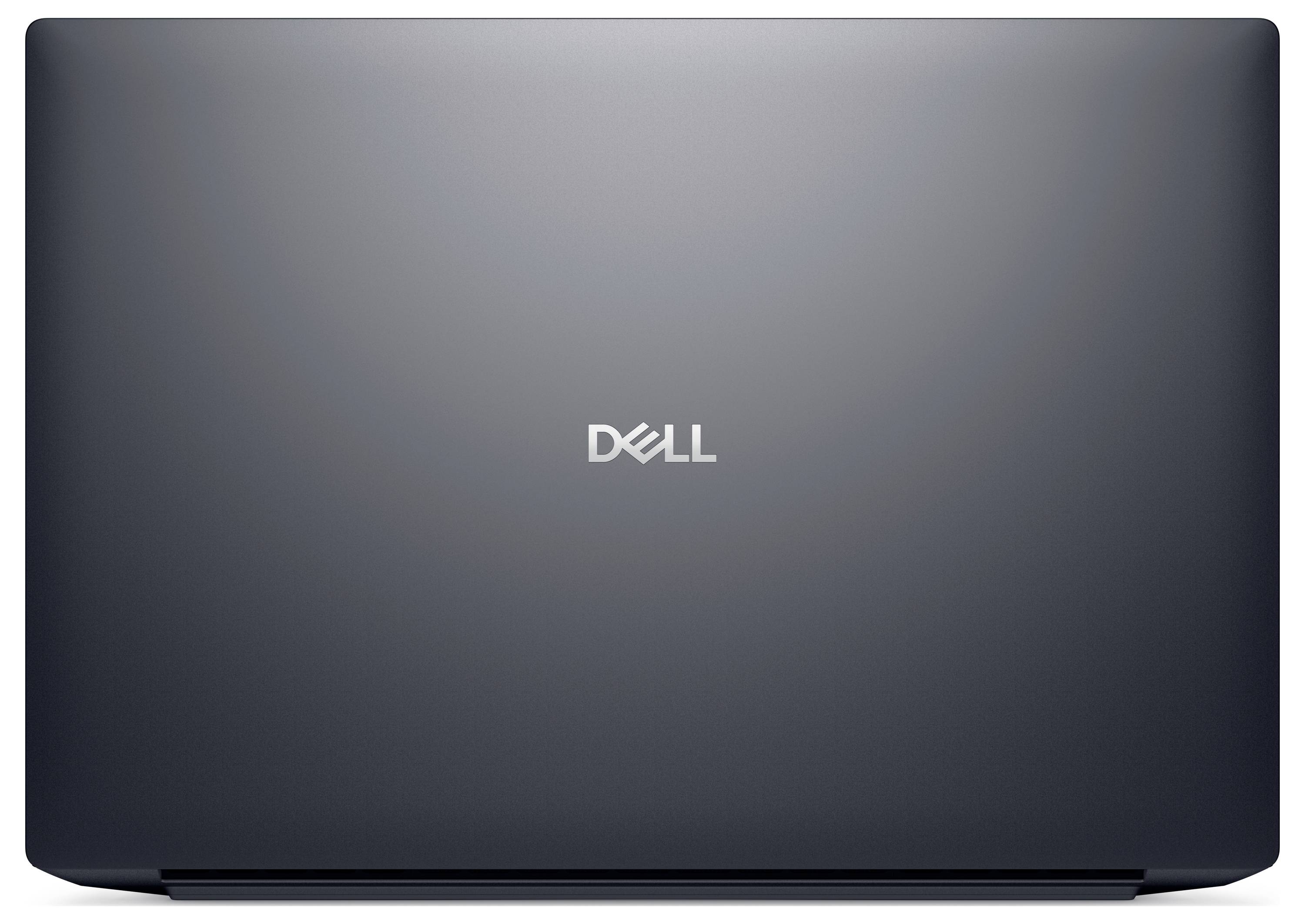 Ein geschlossener Metalllaptop mit einem zentrierten 'Dell'-Logo auf der Rückseite des Deckels.