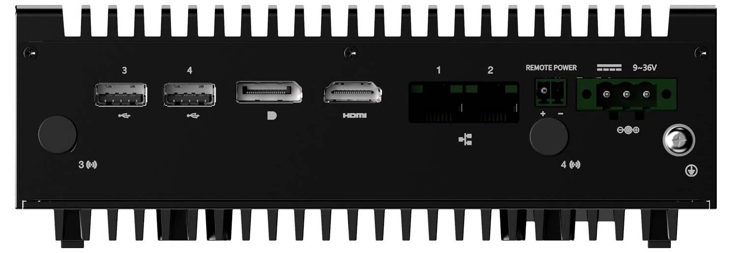 Rückansicht eines elektronischen Geräts mit Anschlüssen: USB, HDMI, DisplayPort und Stromeingang. Beschriftet: Fernstromversorgung, 9-36V.