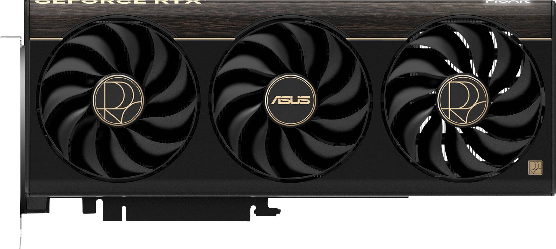 Eine schwarze ASUS-Grafikkarte mit 'GeForce RTX'-Branding, die drei große Kühlventilatoren in einem eleganten Design aufweist.