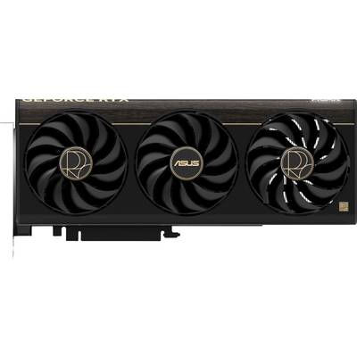 Eine schwarze ASUS-Grafikkarte mit 'GeForce RTX'-Branding, die drei große Kühlventilatoren in einem eleganten Design aufweist.
