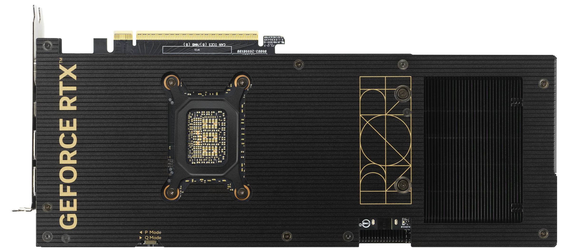 NVIDIA GeForce RTX Grafikkarte, Rückansicht mit sichtbaren Designdetails und Branding, mit erkennbaren Anschlüssen für die Installation.