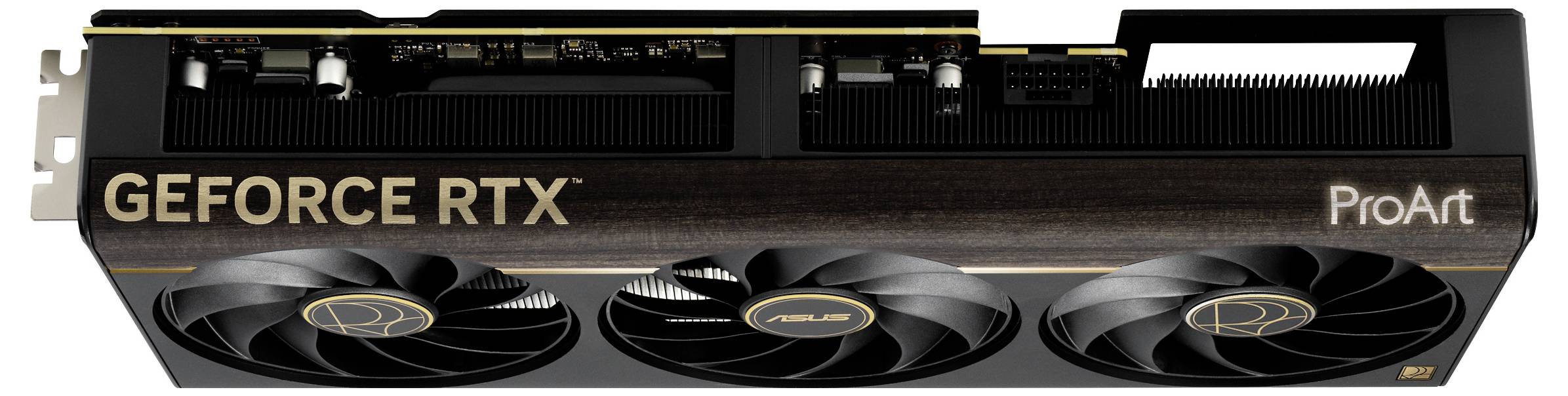 Eine Draufsicht einer ASUS ProArt GeForce RTX Grafikkarte mit drei Kühlventilatoren und Branding.