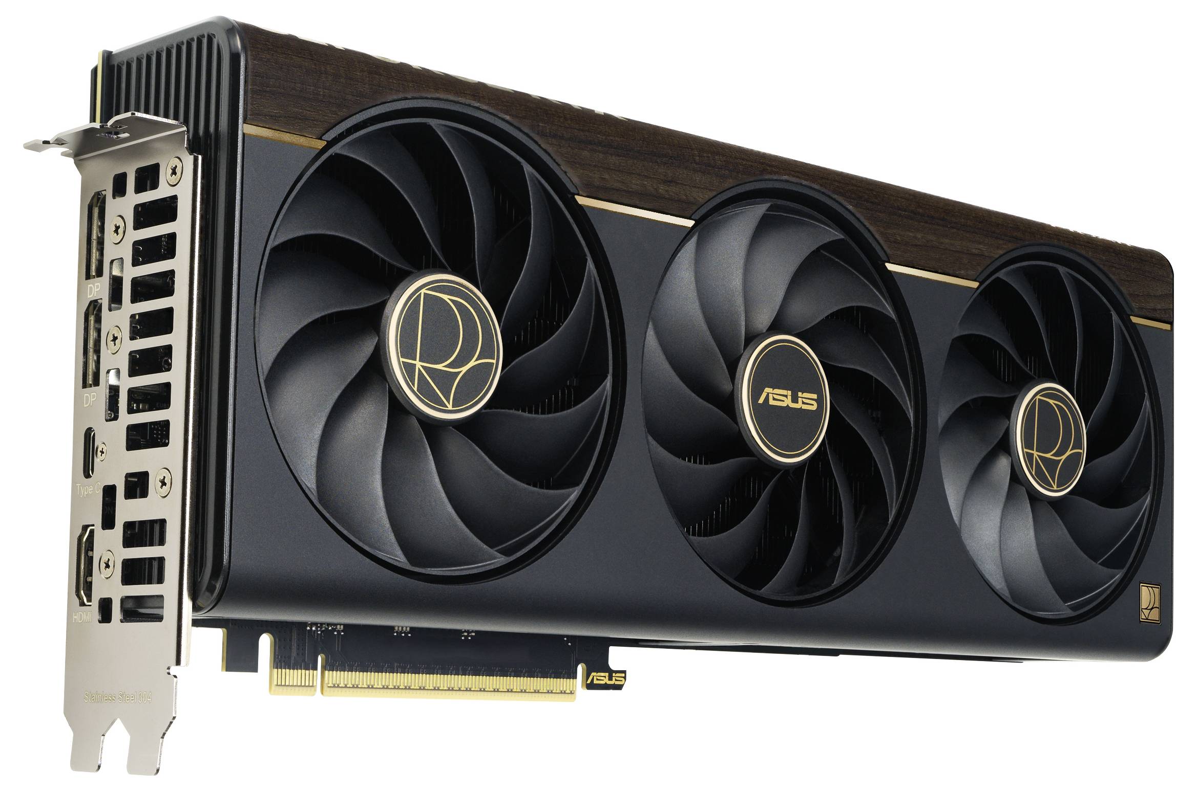Eine Grafikkarte mit drei Kühlventilatoren und mehreren Anschlüssen, einschließlich HDMI und DisplayPort, konzipiert für High-Performance-Computing.