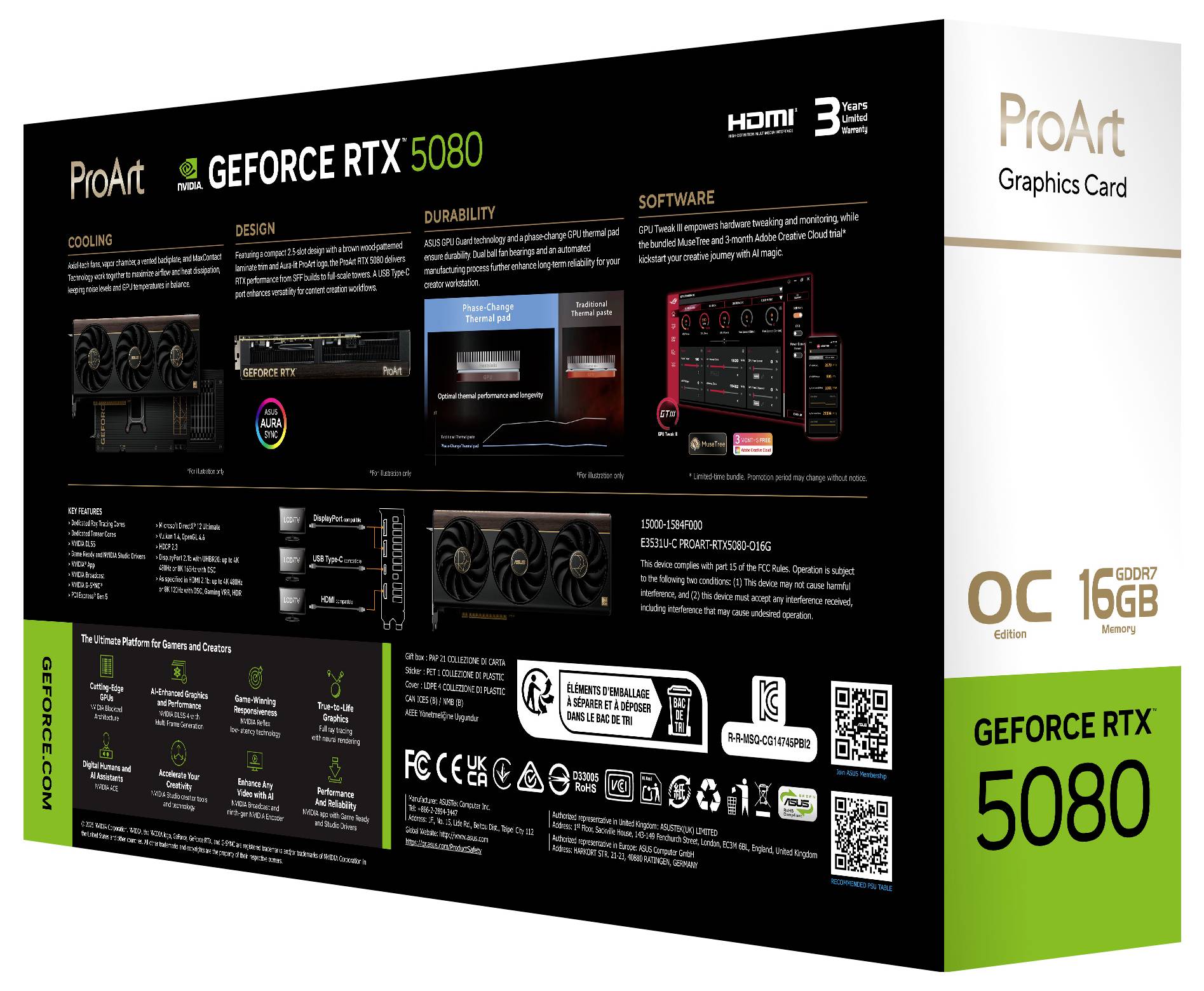 Verpackung der ProArt GeForce RTX 5080 Grafikkarte mit Schwerpunkt auf Kühlung, Design, Haltbarkeit, Softwarefunktionen und technischen Spezifikationen.