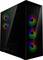 Ein schlankes schwarzes Computergehäuse mit transparenten Seitenpanels präsentiert farbenfroh beleuchtete LED-Lüfter an der Front und Oberseite.