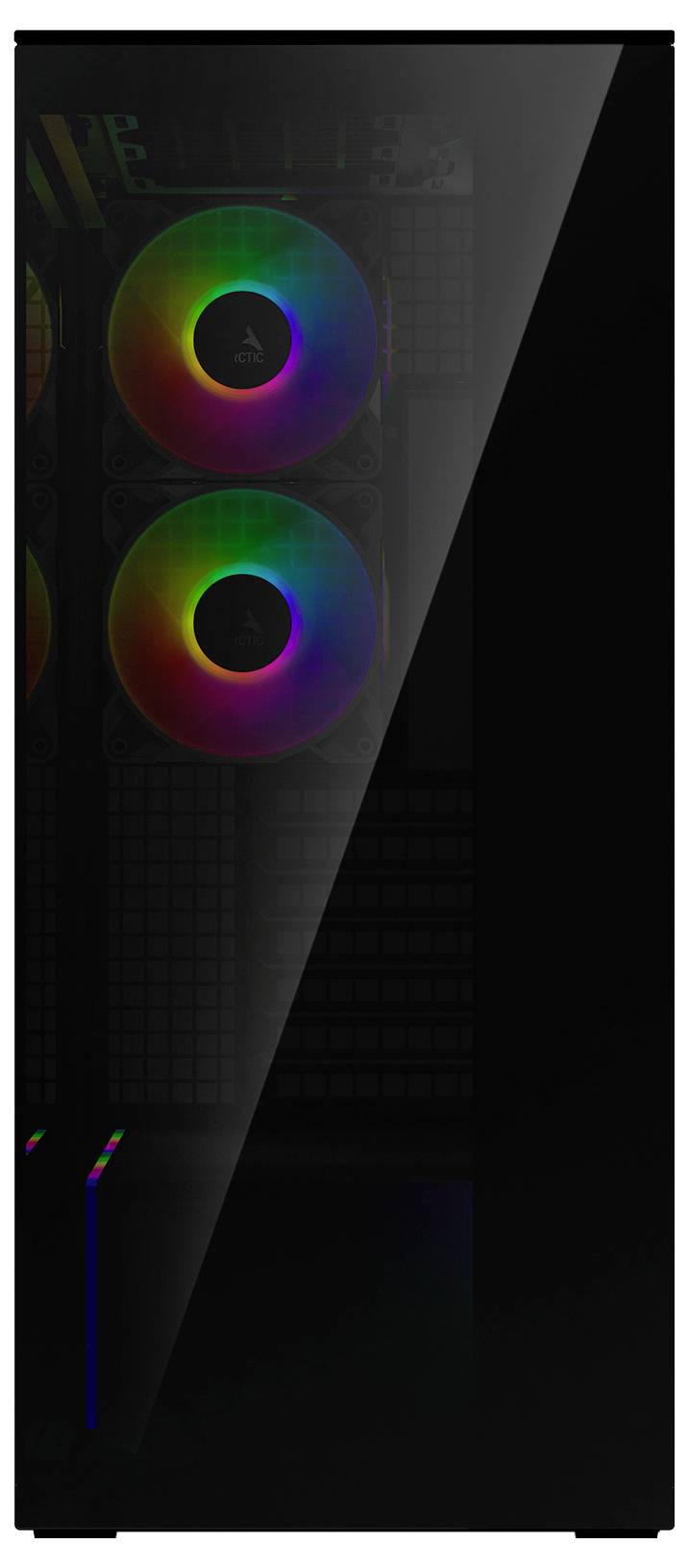 Ein schwarzer Computer-Tower mit Seitenpanel, das zwei Lüfter zeigt, die im Inneren des Gehäuses mit Regenbogenfarben leuchten.
