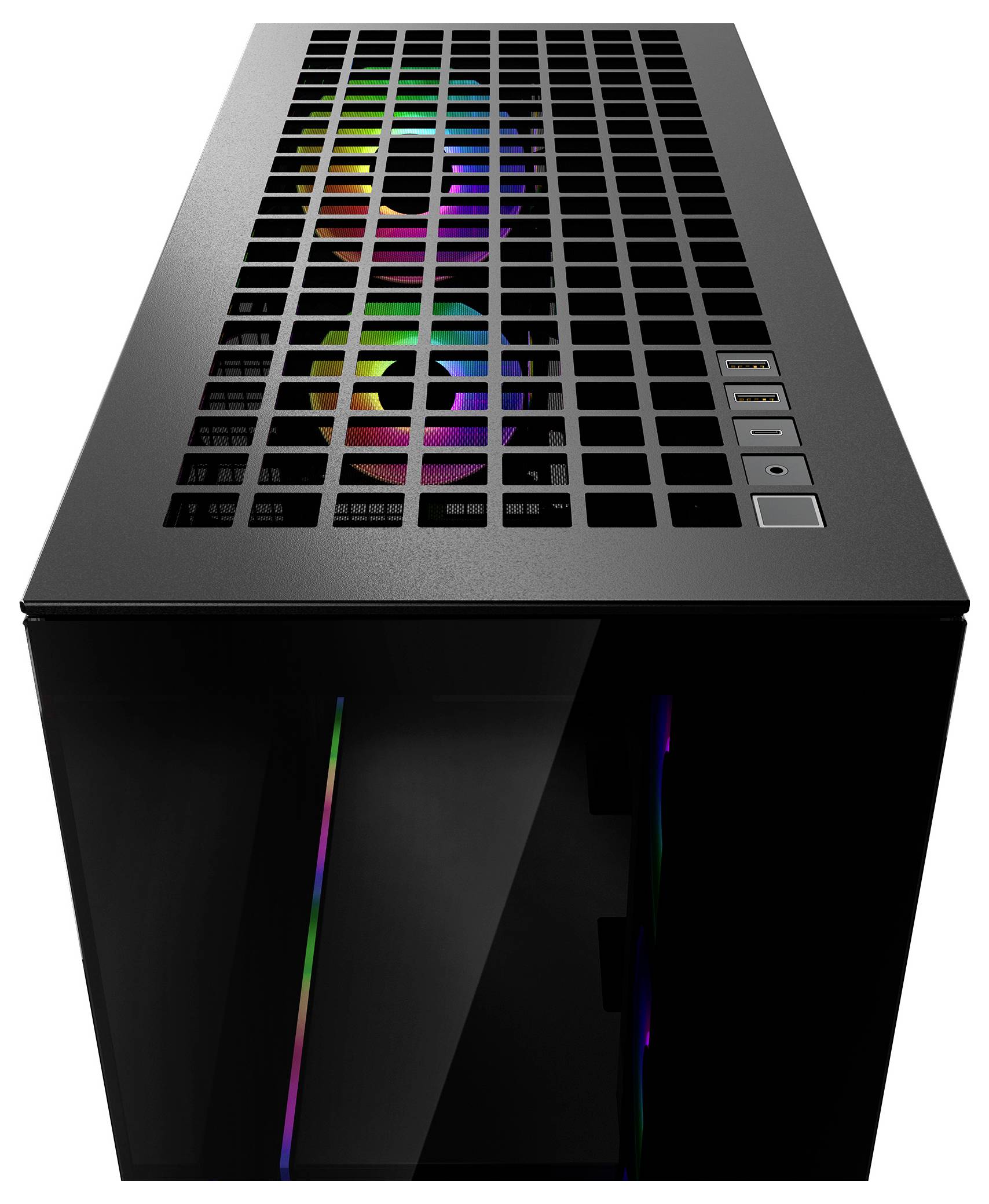 Ein schwarzer Computertower mit einer gitterförmigen Deckplatte, der bunte interne LED-Lichter präsentiert. Die Vorderseite verfügt über zwei Tasten und einen USB-Anschluss.