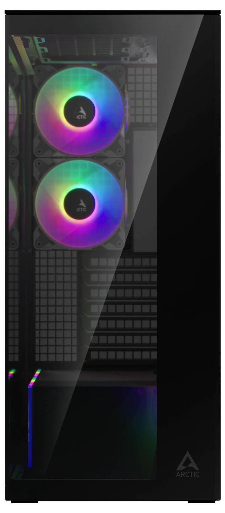 Ein Computergehäuse mit transparenter Seitenscheibe offenbart zwei LED-Lüfter, die mehrfarbiges Licht ausstrahlen.