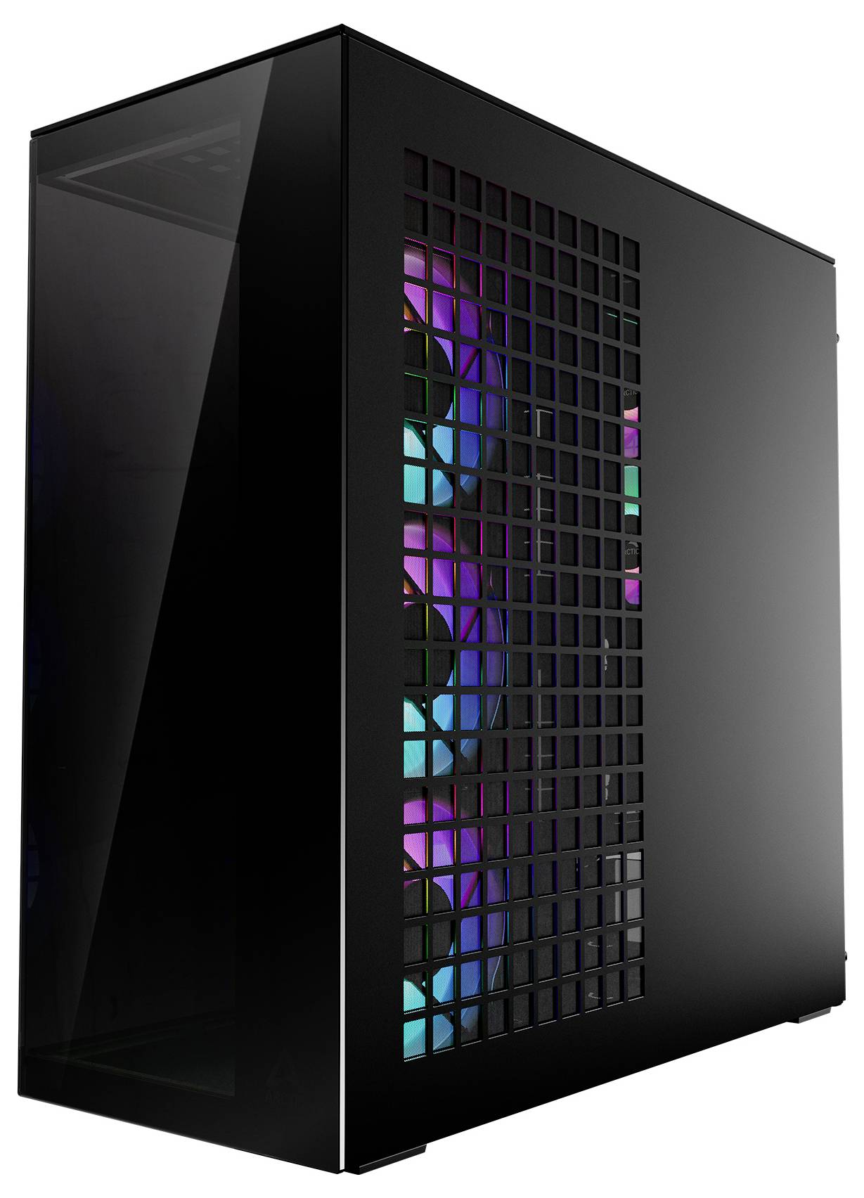 Ein schlanker schwarzer Computertower mit transparentem Seitenpanel, das bunte LED-beleuchtete Kühlventilatoren im Inneren offenbart, ideal für Gaming-Setups.