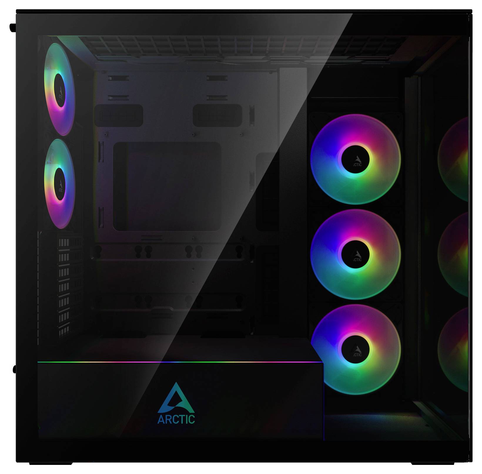 Ein schwarzes Computergehäuse mit transparentem Seitenpanel, das ARGB-Lüfter in Regenbogenfarben beleuchtet zeigt. Der Markenname 'Arctic' ist an der Frontseite angebracht.