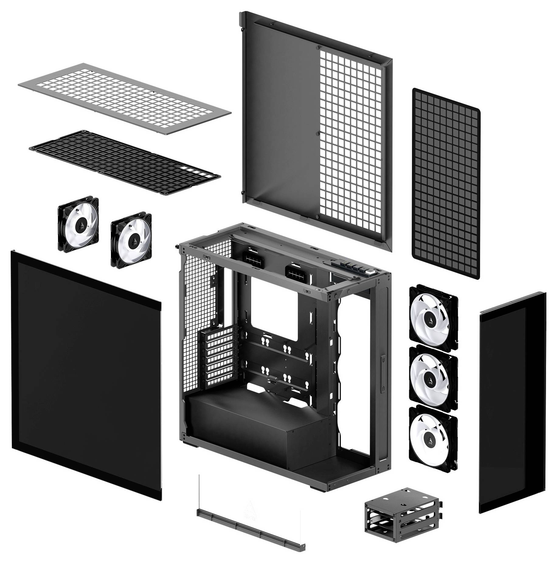 Explosionszeichnung eines Computergehäuses, die Platten, Lüfter und interne Rahmenkomponenten getrennt darstellt, um die Bauteile zu veranschaulichen.