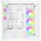Ein weißes Computergehäuse mit Glasseite präsentiert farbenfrohe RGB-Lüfter und einen geräumigen Innenraum, konzipiert für individuelle PC-Builds.