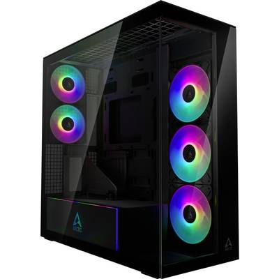 Ein schlanker schwarzer Computertower mit transparenten Seitenpanels, die interne RGB-beleuchtete Lüfter in verschiedenen Farben präsentieren. Das Arctic-Logo ist sichtbar.