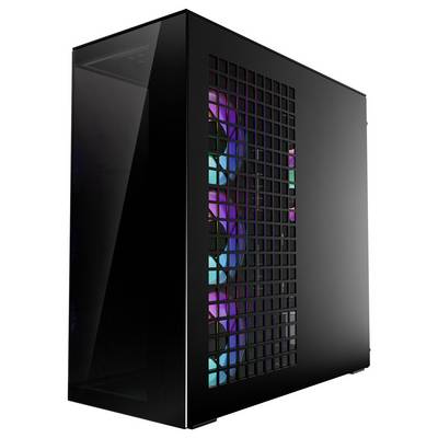 Ein schwarzes Computergehäuse mit einer Glasseite und sichtbaren vorderen Kühlventilatoren, die von bunten LED-Lichtern beleuchtet werden.