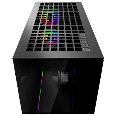 Ein schwarzes Computergehäuse mit einem Gitterdeckel, der bunte RGB-Lüfterbeleuchtungen im Inneren offenlegt, mit vorderen Tasten für Ein- und Zurücksetzen.